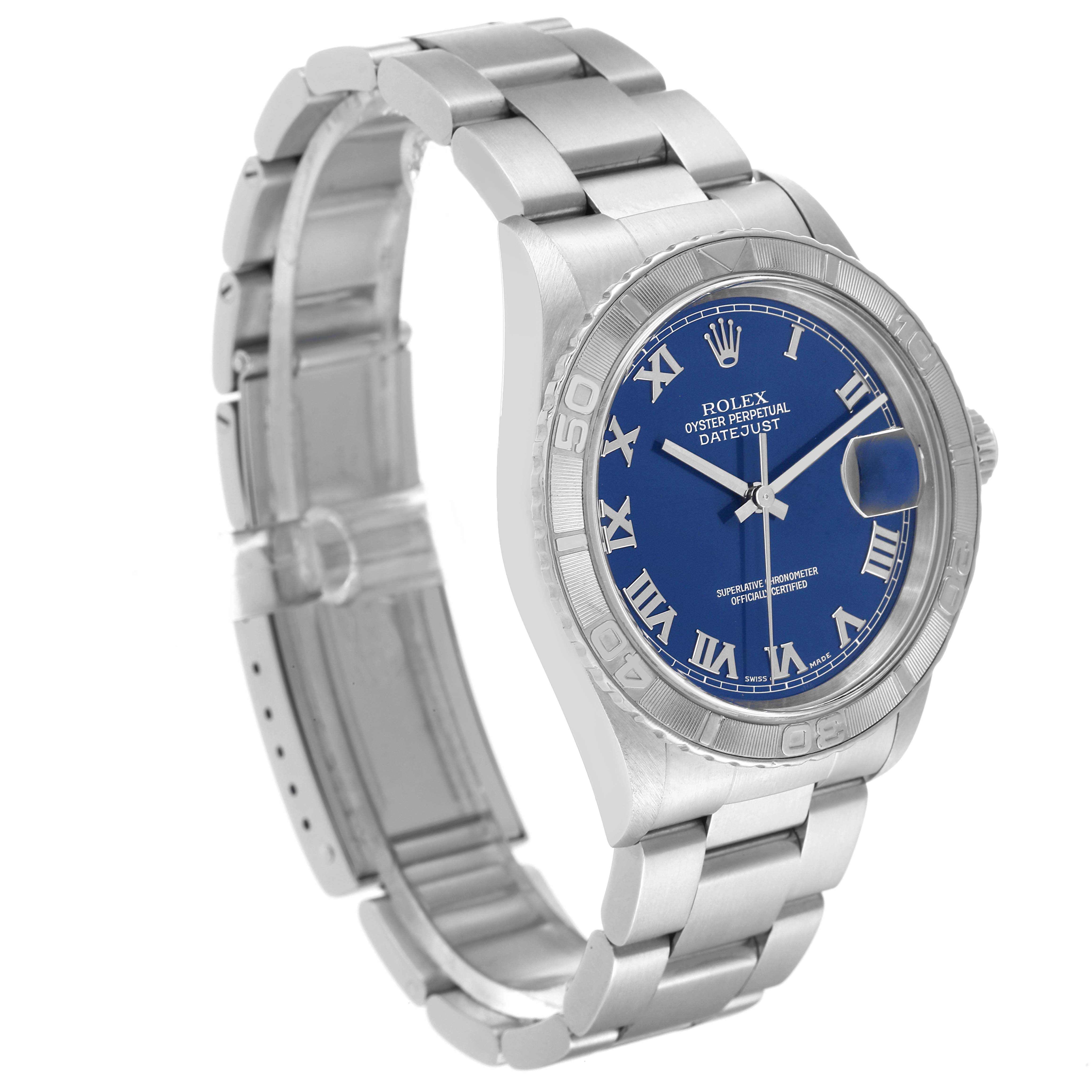 The image shows a side angle of a Rolex Turn-o-Graph 16264 Men's Stainless Steel Blue Dial 16264 Men's Stainless Steel Blue Dial watch highlighting its face, bezel, and part of the bracelet.