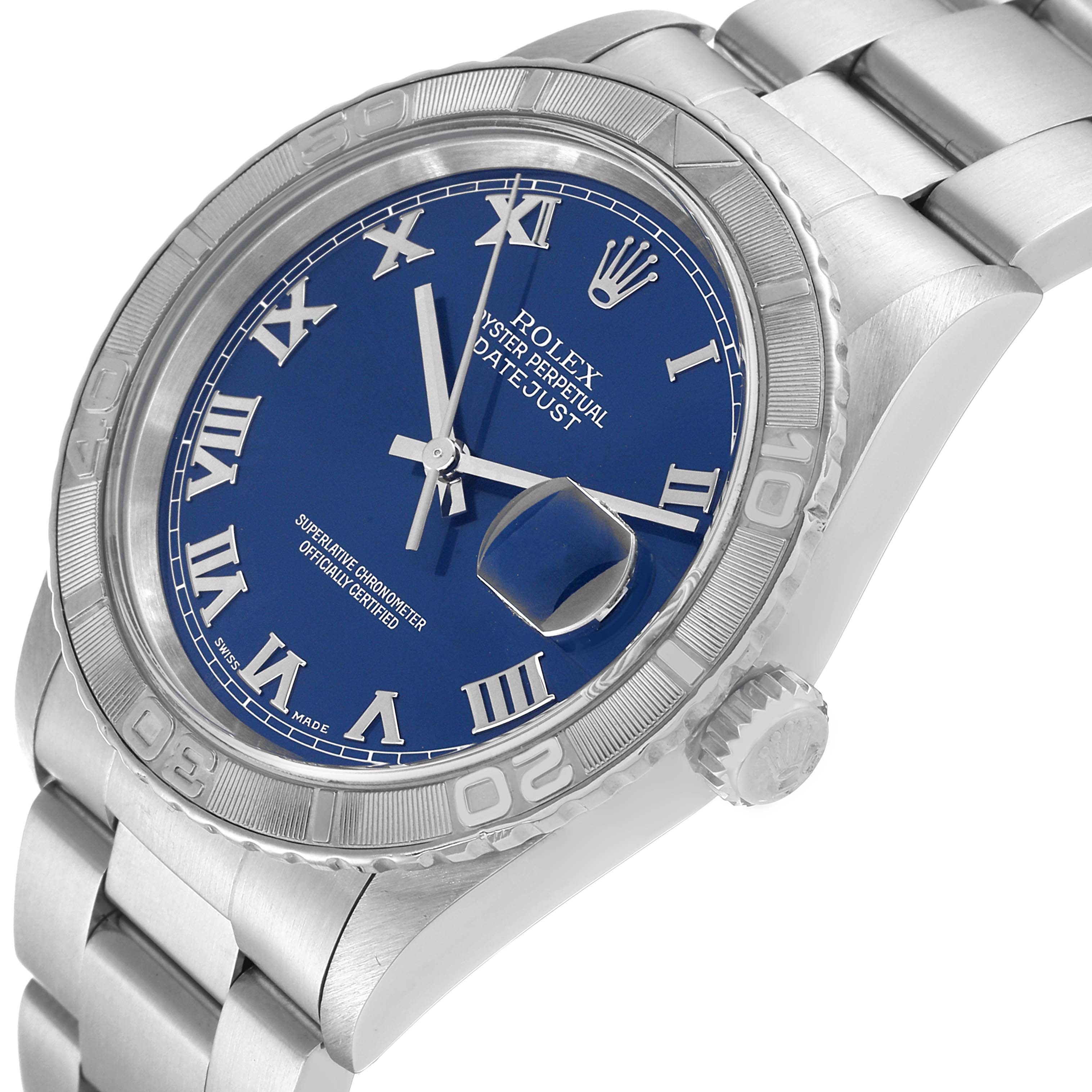 The image shows a Rolex Turn-o-Graph 16264 Men's Stainless Steel Blue Dial 16264 Men's Stainless Steel Blue Dial watch at an angle highlighting the blue dial, bezel, crown, and part of the bracelet.