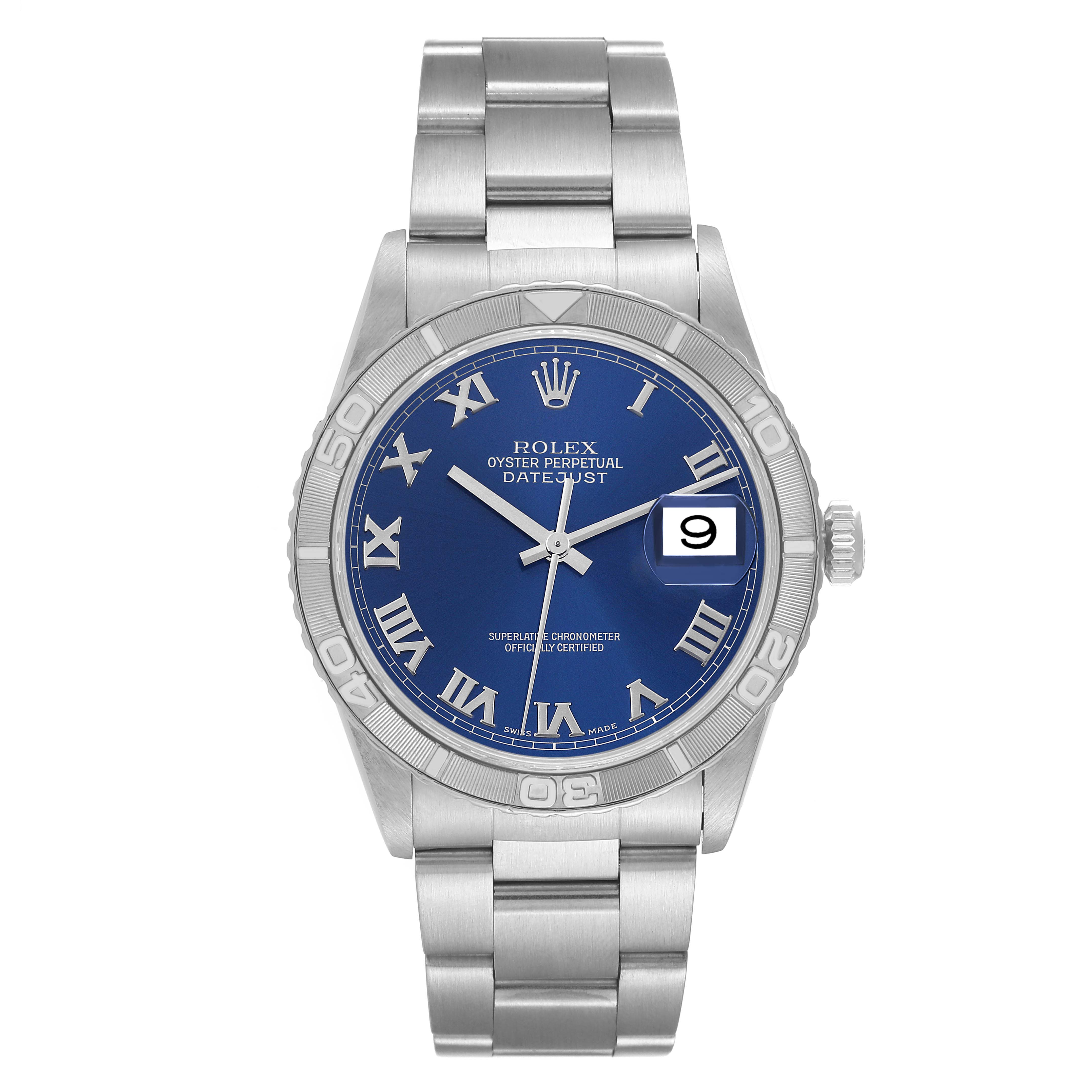 The Rolex Turn-o-Graph 16264 Men's Stainless Steel Blue Dial 16264 Men's Stainless Steel Blue Dial watch is shown from a front angle, displaying its blue dial, date window, and stainless steel bracelet.