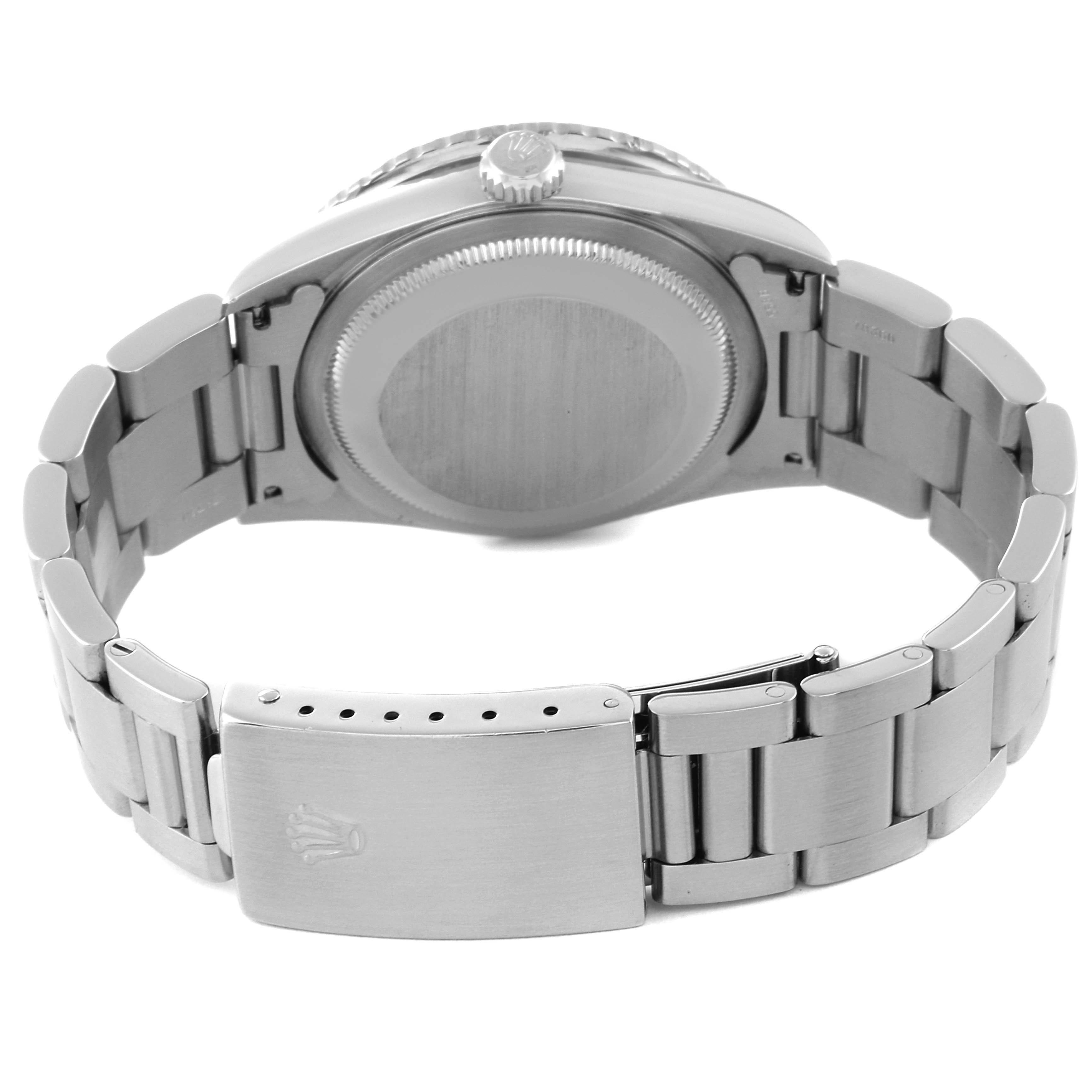 This image shows the back view of a Rolex Turn-o-Graph 16264 Men's Stainless Steel Blue Dial 16264 Men's Stainless Steel Blue Dial watch, highlighting the case back, crown, and stainless steel bracelet with the clasp.