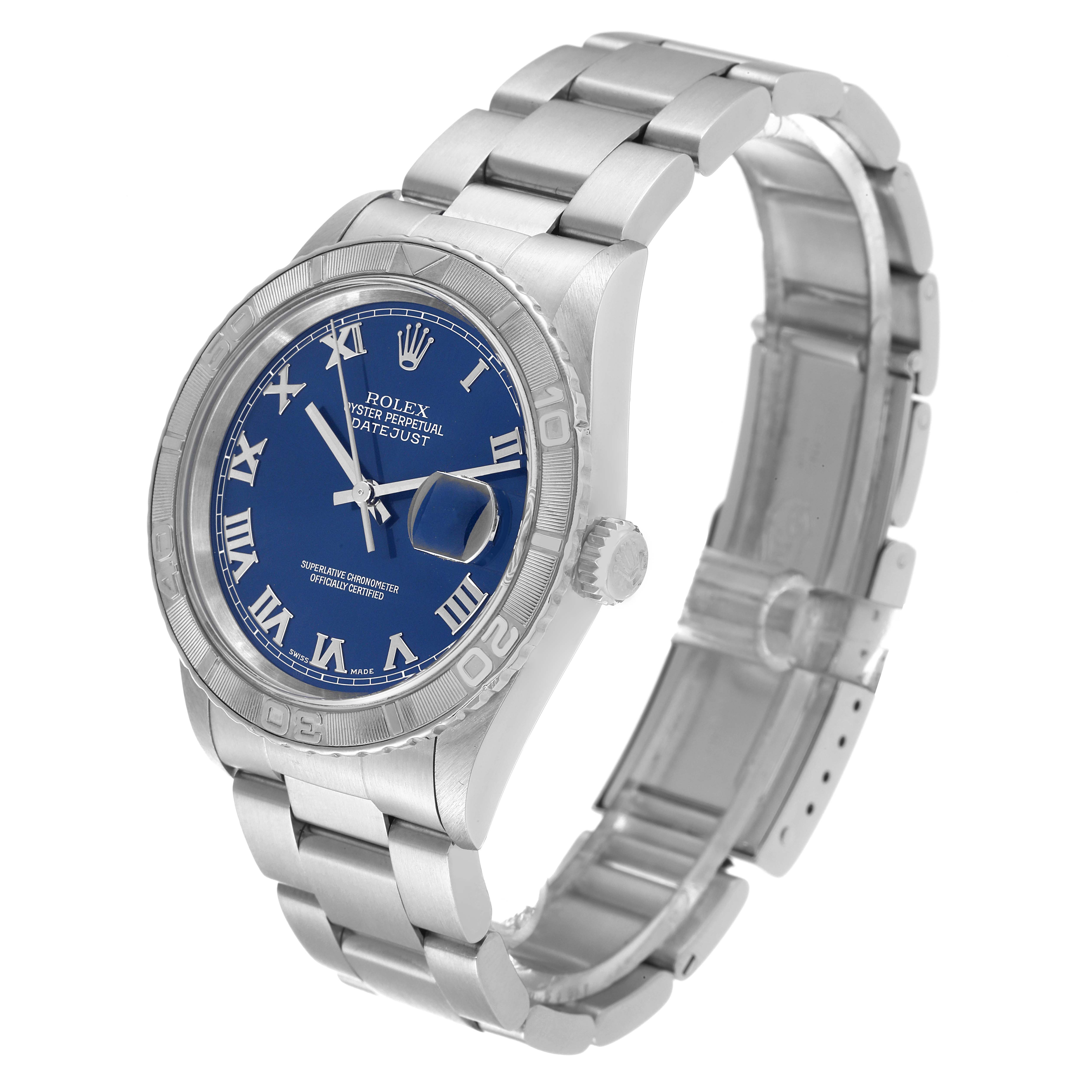 This image shows a Rolex Turn-o-Graph 16264 Men's Stainless Steel Blue Dial 16264 Men's Stainless Steel Blue Dial model watch at a slight angle, showcasing its dial, bezel, crown, and bracelet.