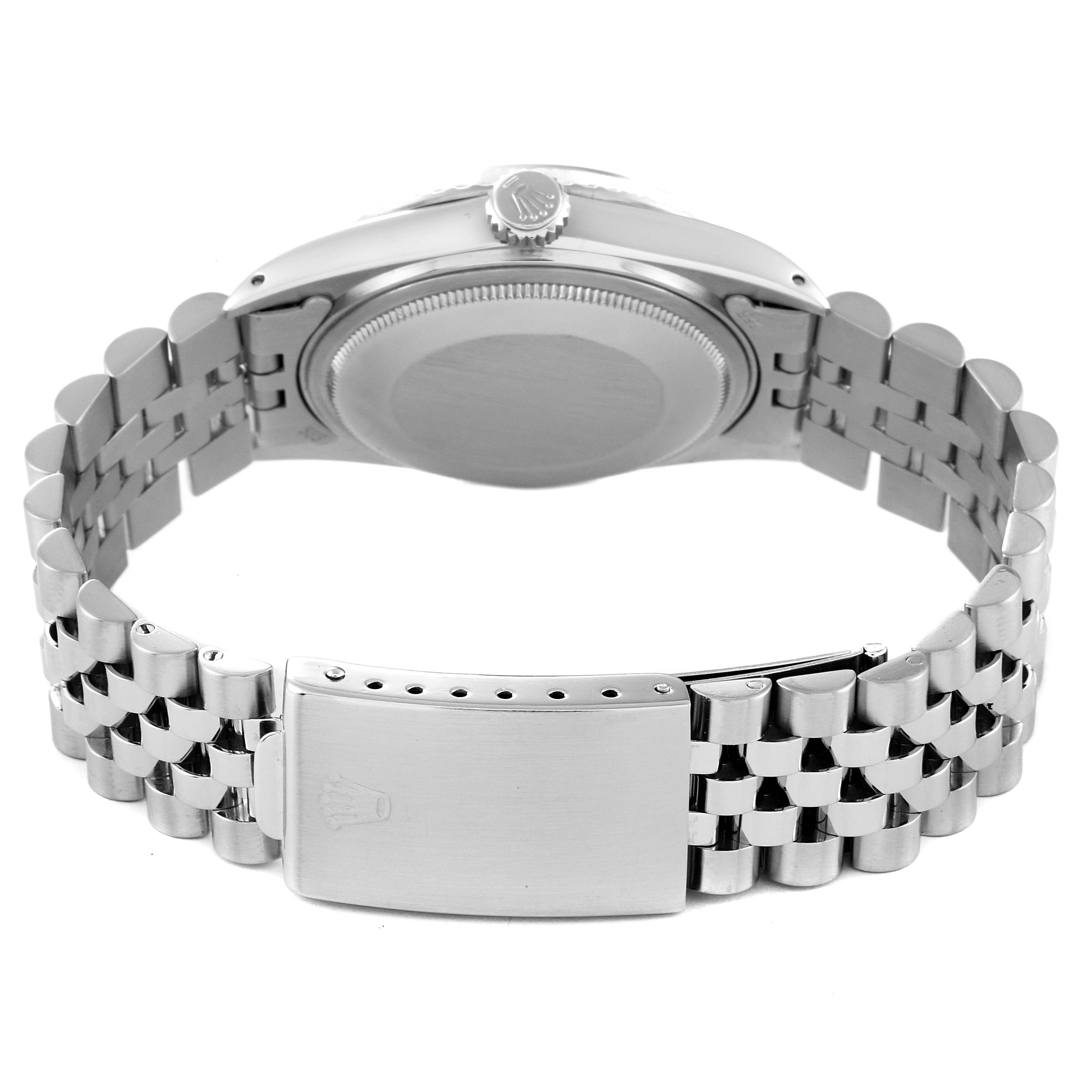 This image shows the back case and clasp of a Rolex Vintage Collection 16030 Men's Stainless Steel White Dial 16030 Men's Stainless Steel White Dial model watch, highlighting its metal bracelet.