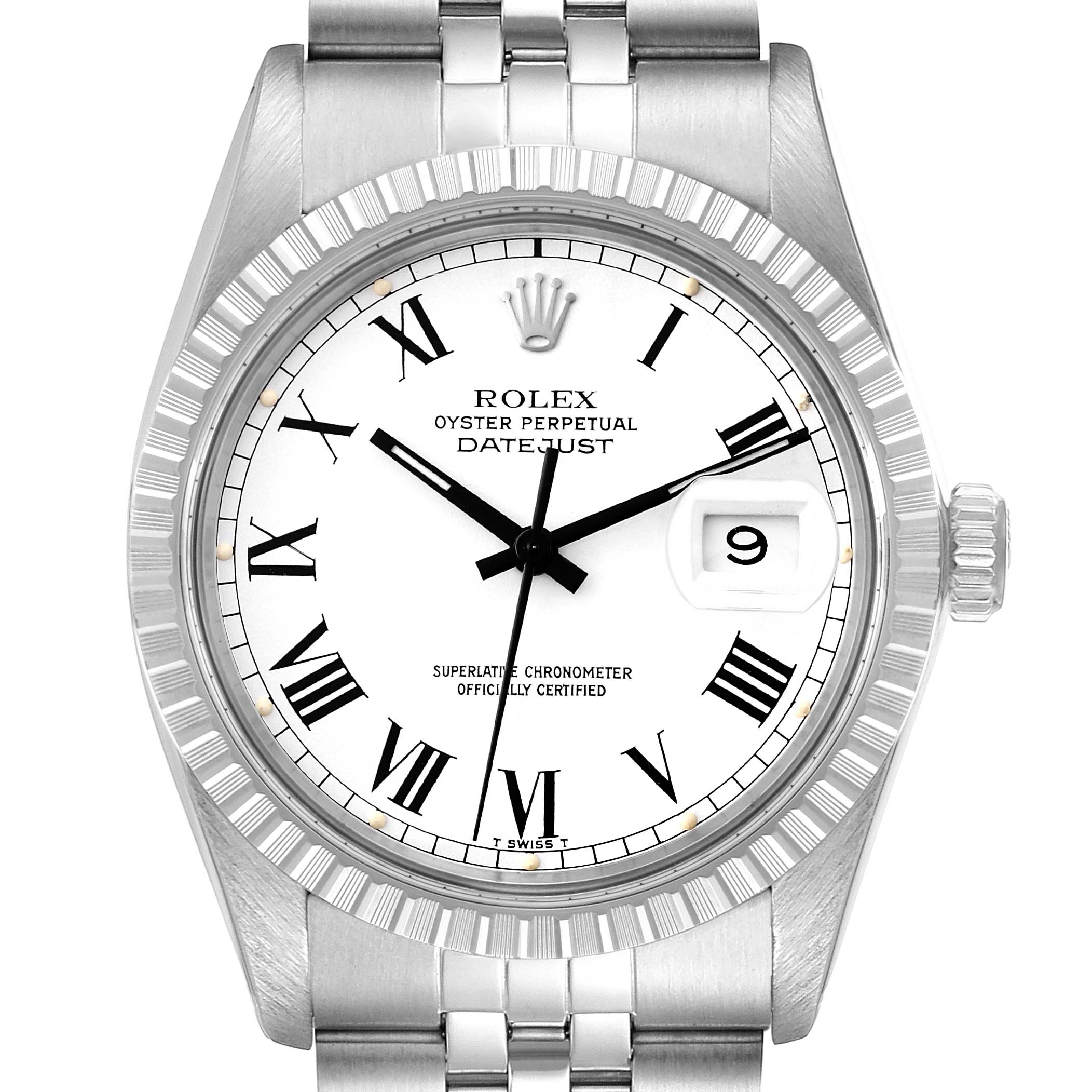 The image shows a front view of the dial, bezel, and bracelet of the Rolex Vintage Collection 16030 Men's Stainless Steel White Dial 16030 Men's Stainless Steel White Dial Oyster Perpetual Datejust watch.
