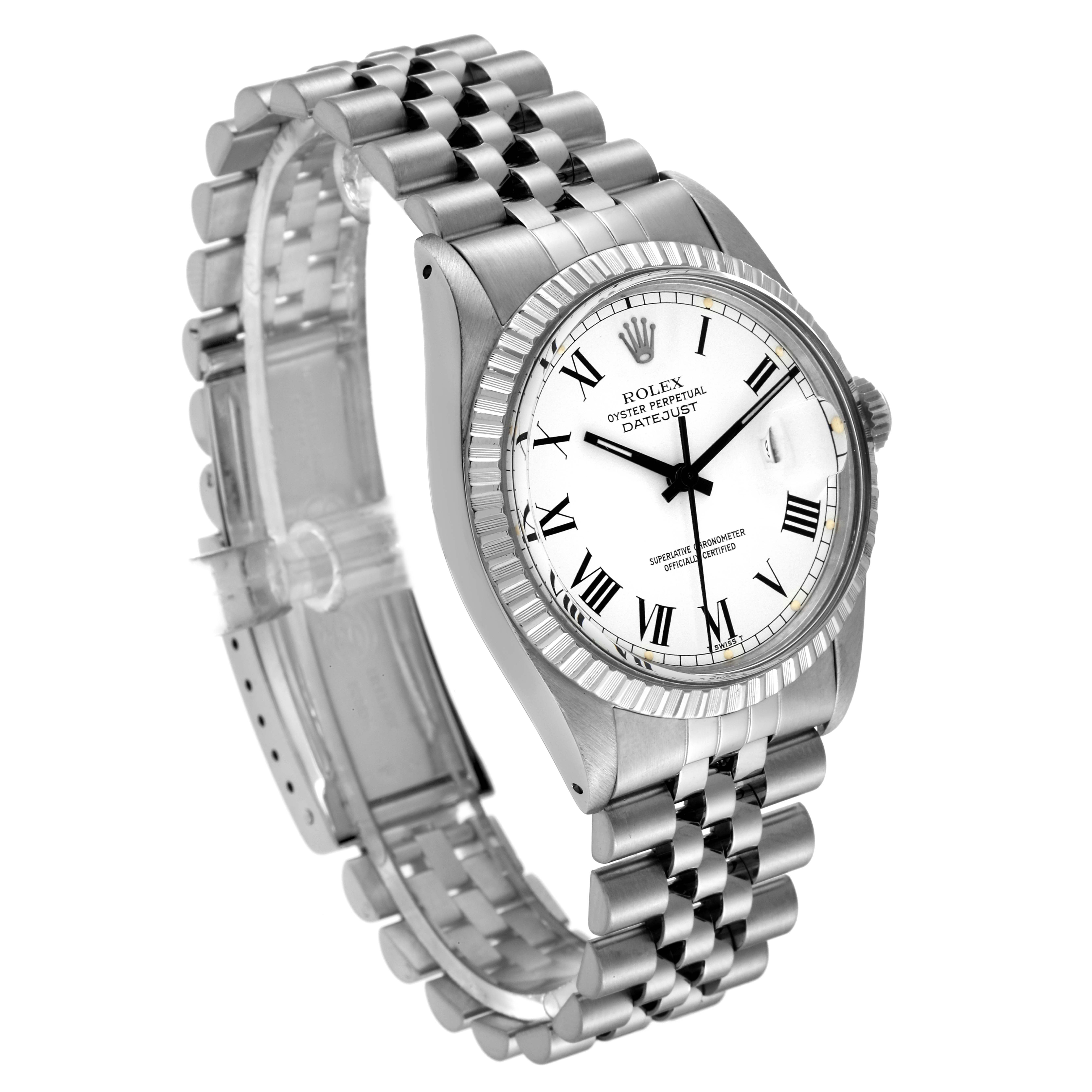 The image shows a Rolex Vintage Collection 16030 Men's Stainless Steel White Dial 16030 Men's Stainless Steel White Dial model watch at a slight angle, highlighting the face, bezel, and metallic bracelet.