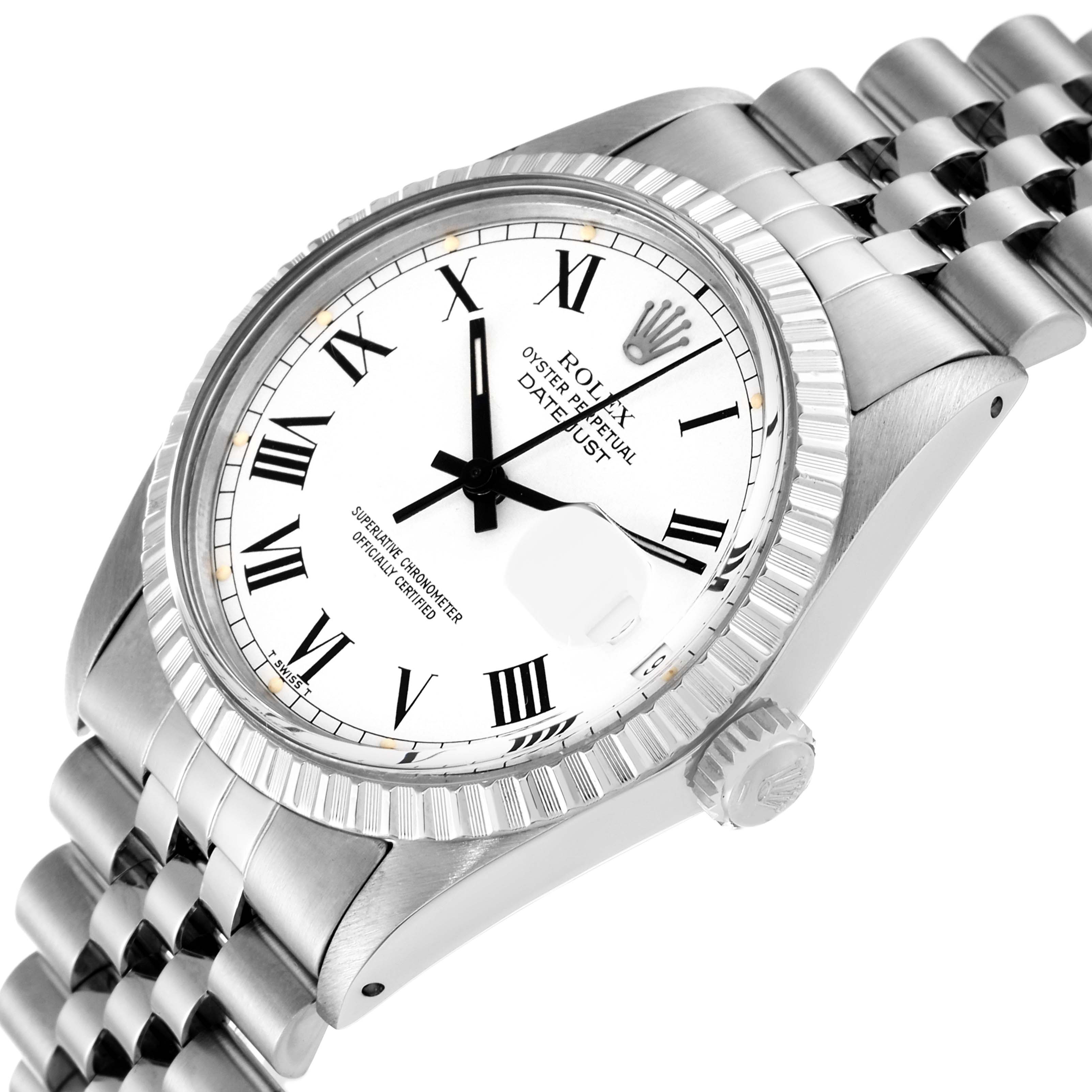 The image shows a close-up, angled view of the Rolex Vintage Collection 16030 Men's Stainless Steel White Dial 16030 Men's Stainless Steel White Dial model, highlighting its dial, bezel, crown, and bracelet.