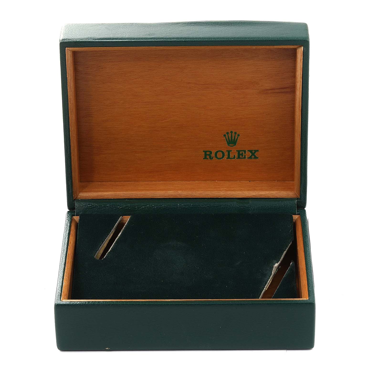 This image shows an open Rolex Vintage Collection 16030 Men's Stainless Steel White Dial 16030 Men's Stainless Steel White Dial watch box with a wood interior and green exterior.