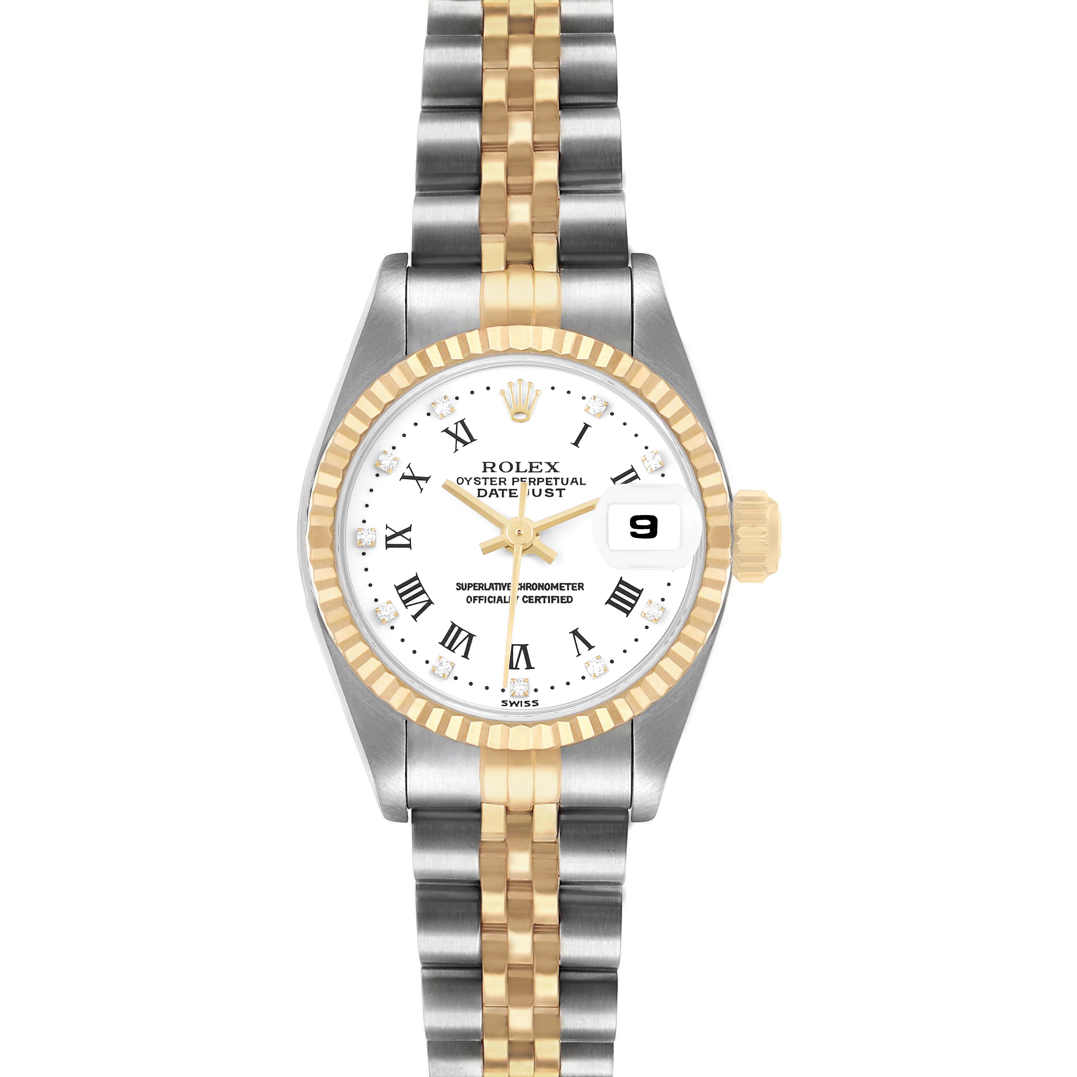 The Rolex Datejust 69173 Women's Steel and Gold (two tone) White Dial watch is shown from a top view, highlighting the dial, bezel, and two-tone bracelet.
