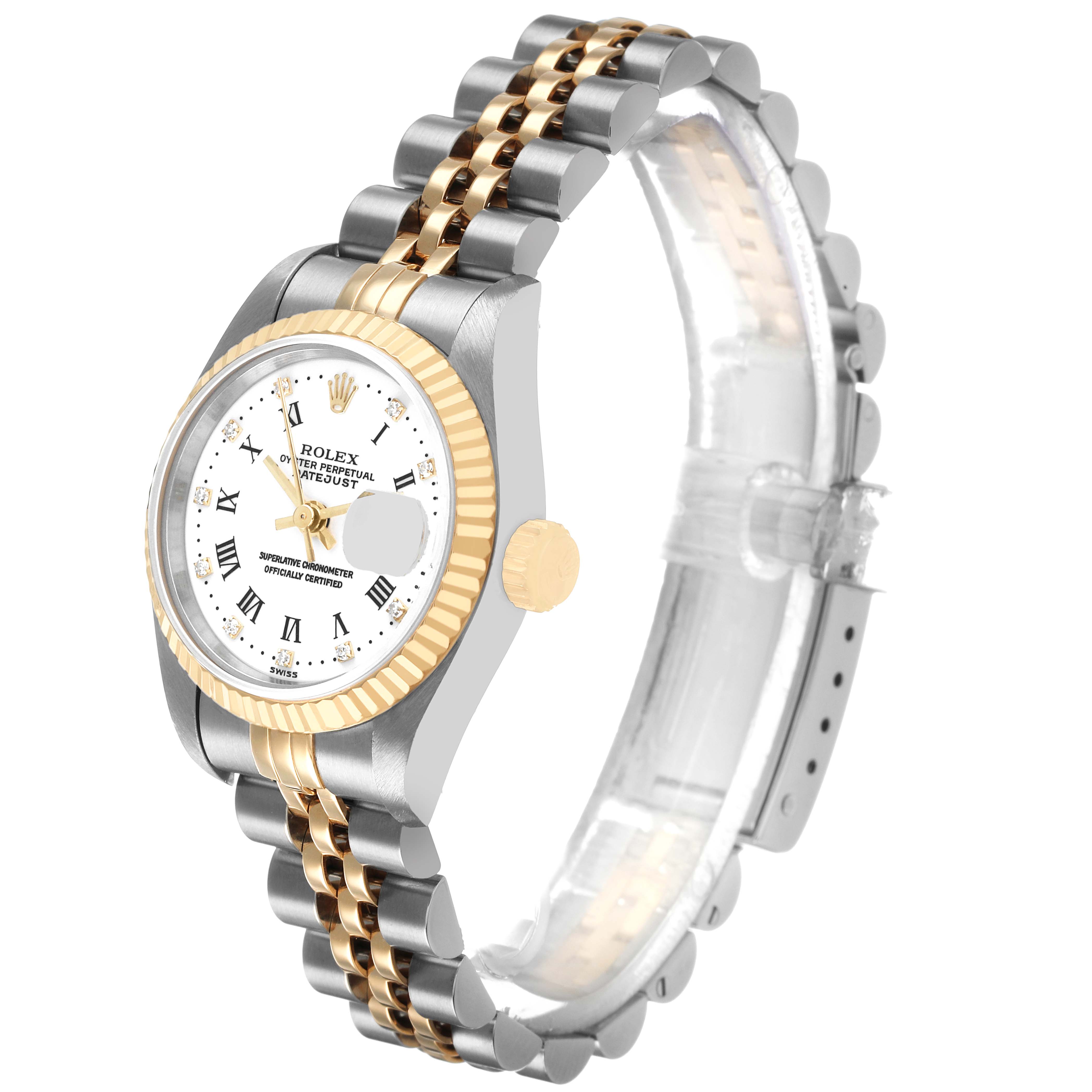 The Rolex Datejust 69173 Women's Steel and Gold (two tone) White Dial watch is shown in a side angle, displaying the dial, bezel, crown, and dual-tone bracelet.