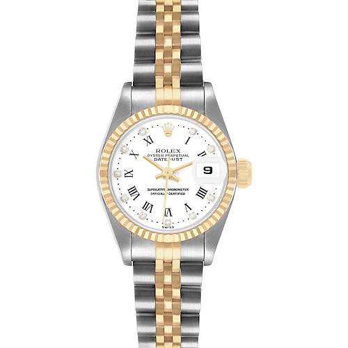 The Rolex Datejust 69173 Women's Steel and Gold (two tone) White Dial watch is shown front-facing, highlighting the dial, bezel, and two-tone bracelet.