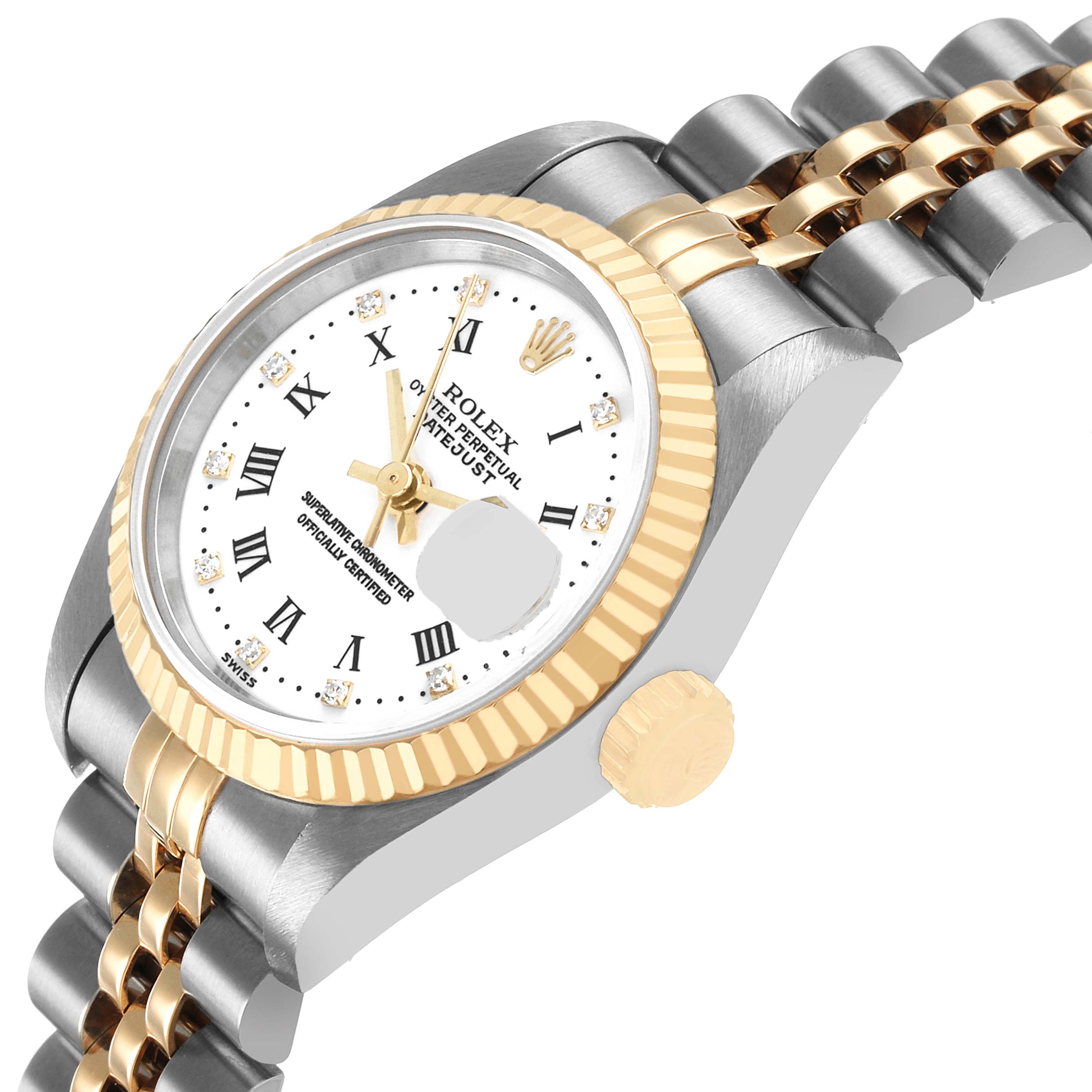 The Rolex Datejust 69173 Women's Steel and Gold (two tone) White Dial is shown at a three-quarter angle, highlighting the bezel, crown, bracelet, and a portion of the dial.