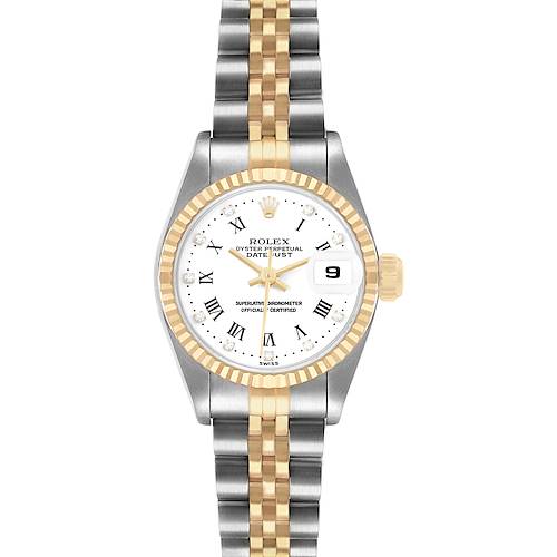 The Rolex Datejust 69173 Women's Steel and Gold (two tone) White Dial watch is shown from a front angle, highlighting the dial, bezel, bracelet, and crown.