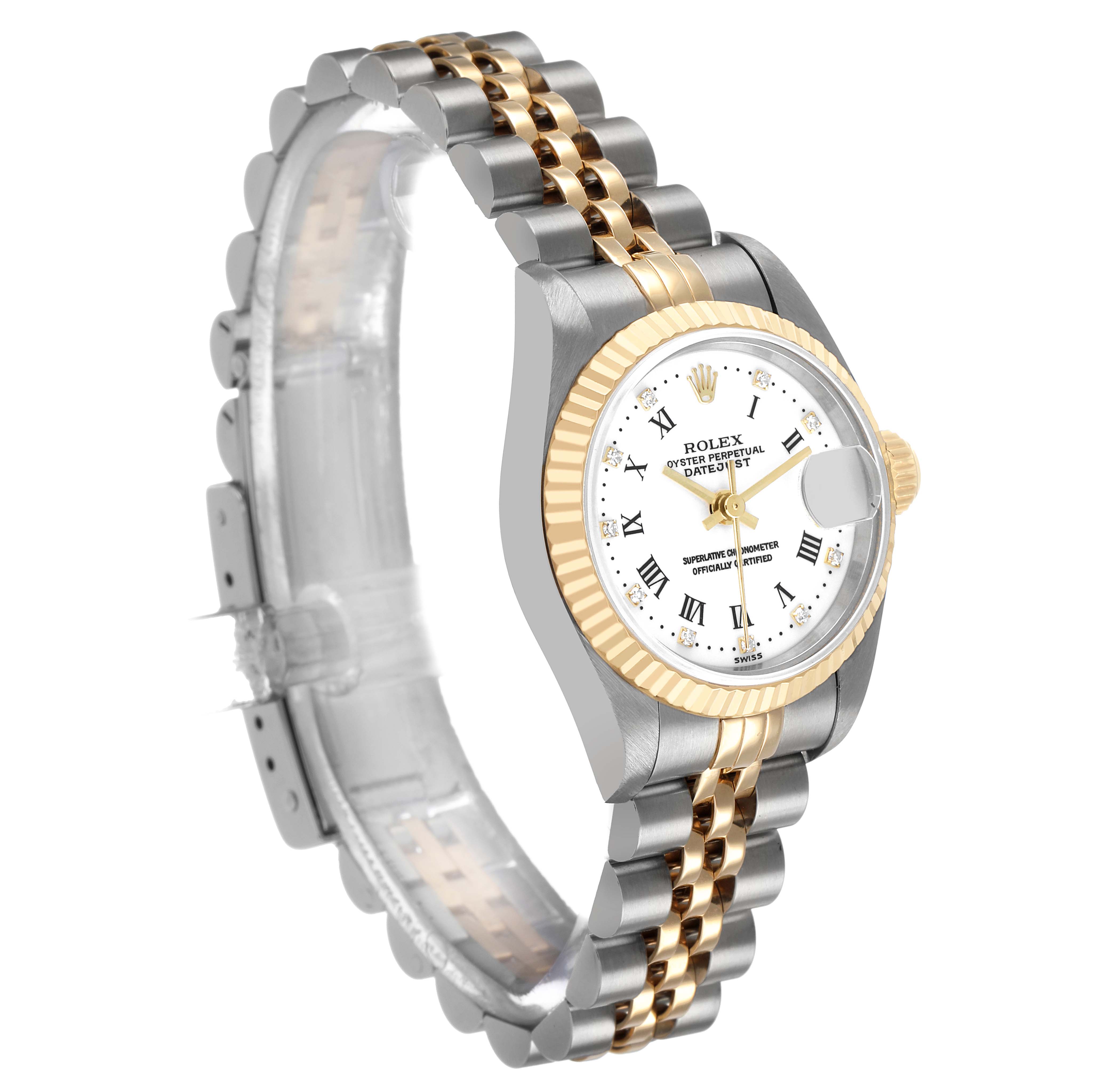 The Rolex Datejust 69173 Women's Steel and Gold (two tone) White Dial watch is shown at a side angle highlighting the face, bezel, and two-tone bracelet.