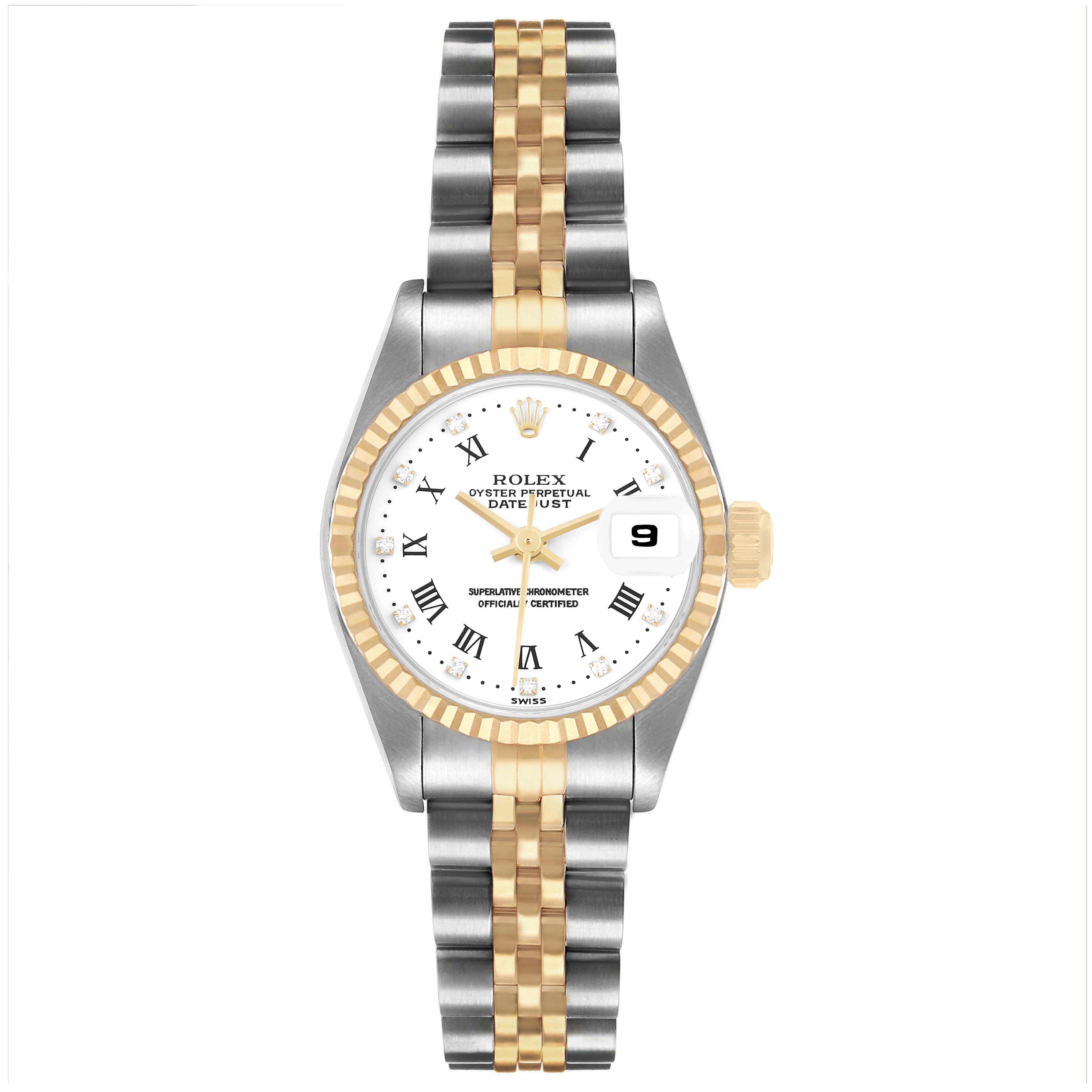 The Rolex Datejust 69173 Women's Steel and Gold (two tone) White Dial watch is shown from a straight frontal angle, displaying the dial, bezel, crown, and bracelet.
