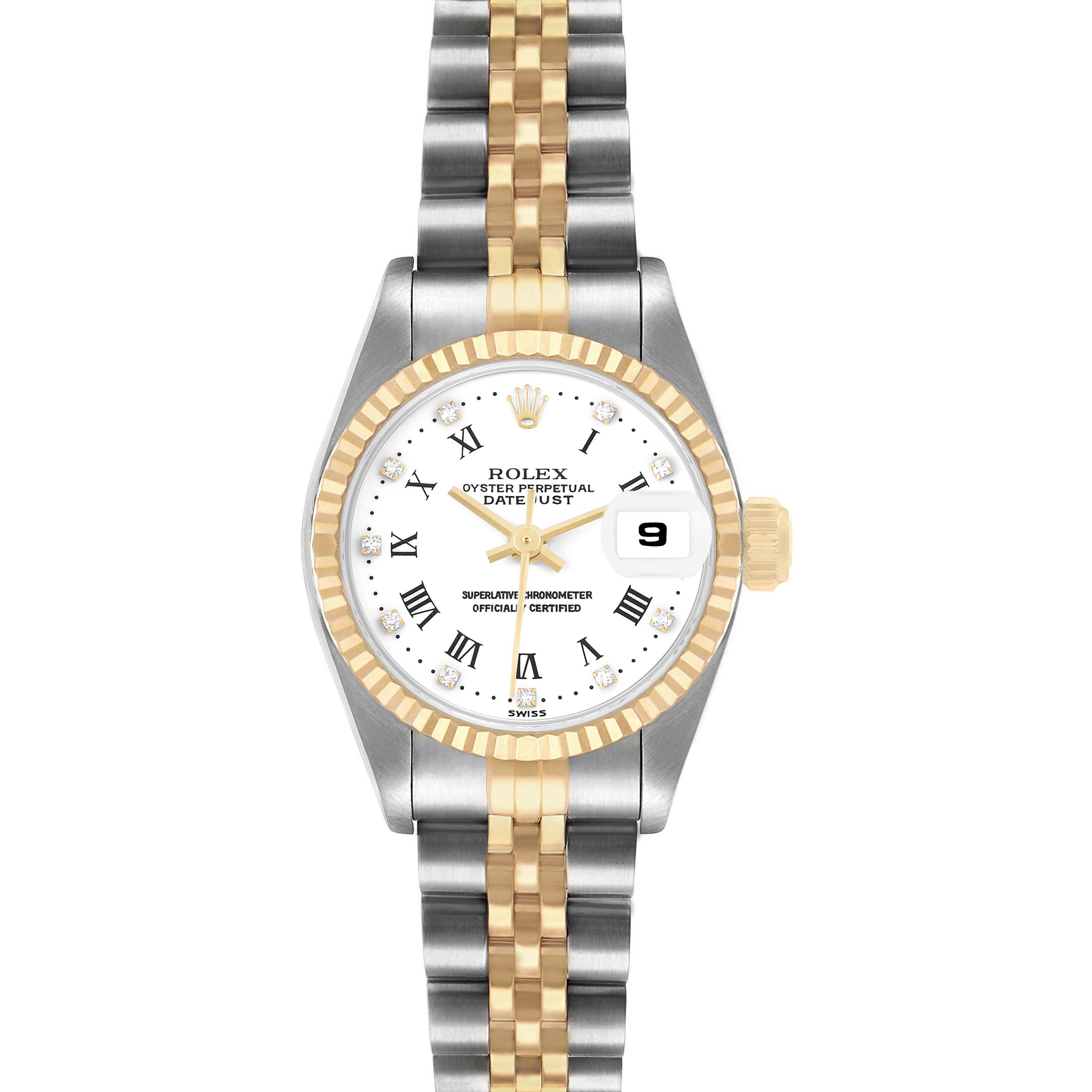 The Rolex Datejust 69173 Women's Steel and Gold (two tone) White Dial watch is shown from the front, displaying the dial, bezel, bracelet, and crown.