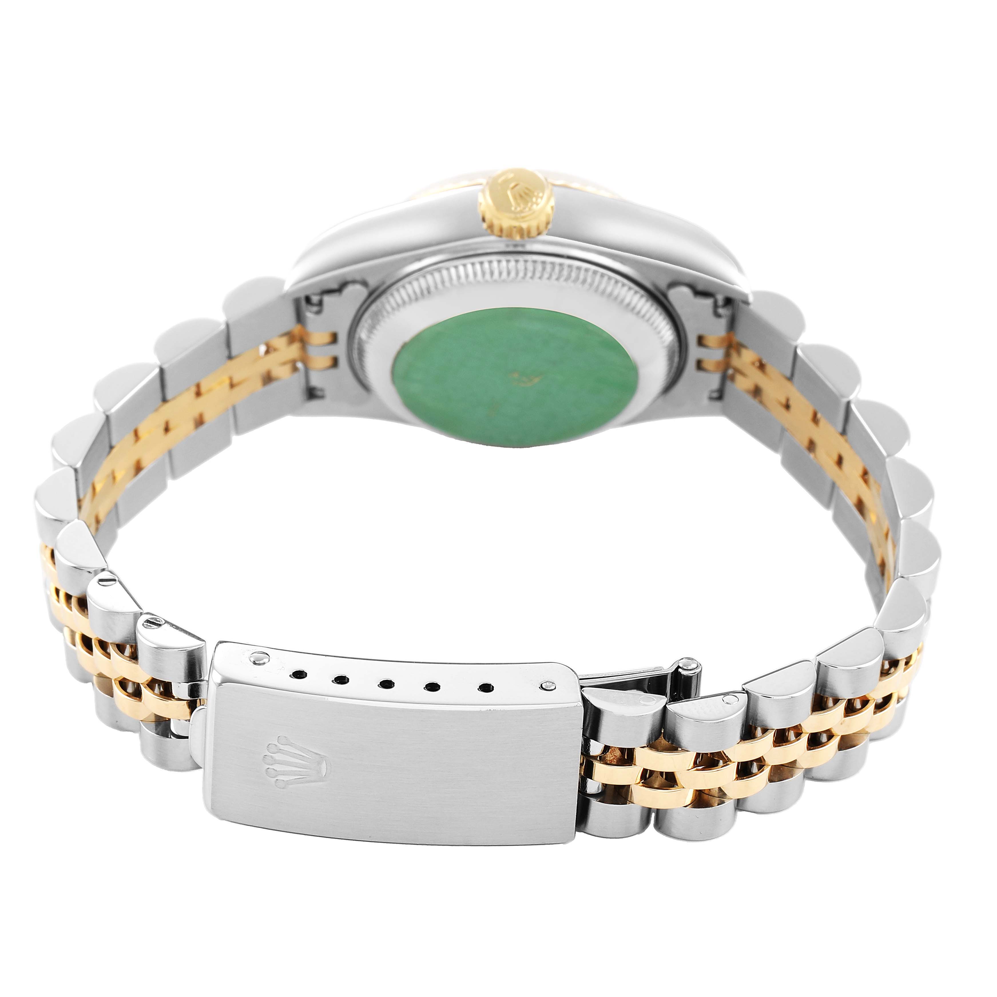 The image shows the back view of the Rolex Datejust 69173 Women's Steel and Gold (two tone) White Dial watch, displaying the case back and Jubilee bracelet fully extended.