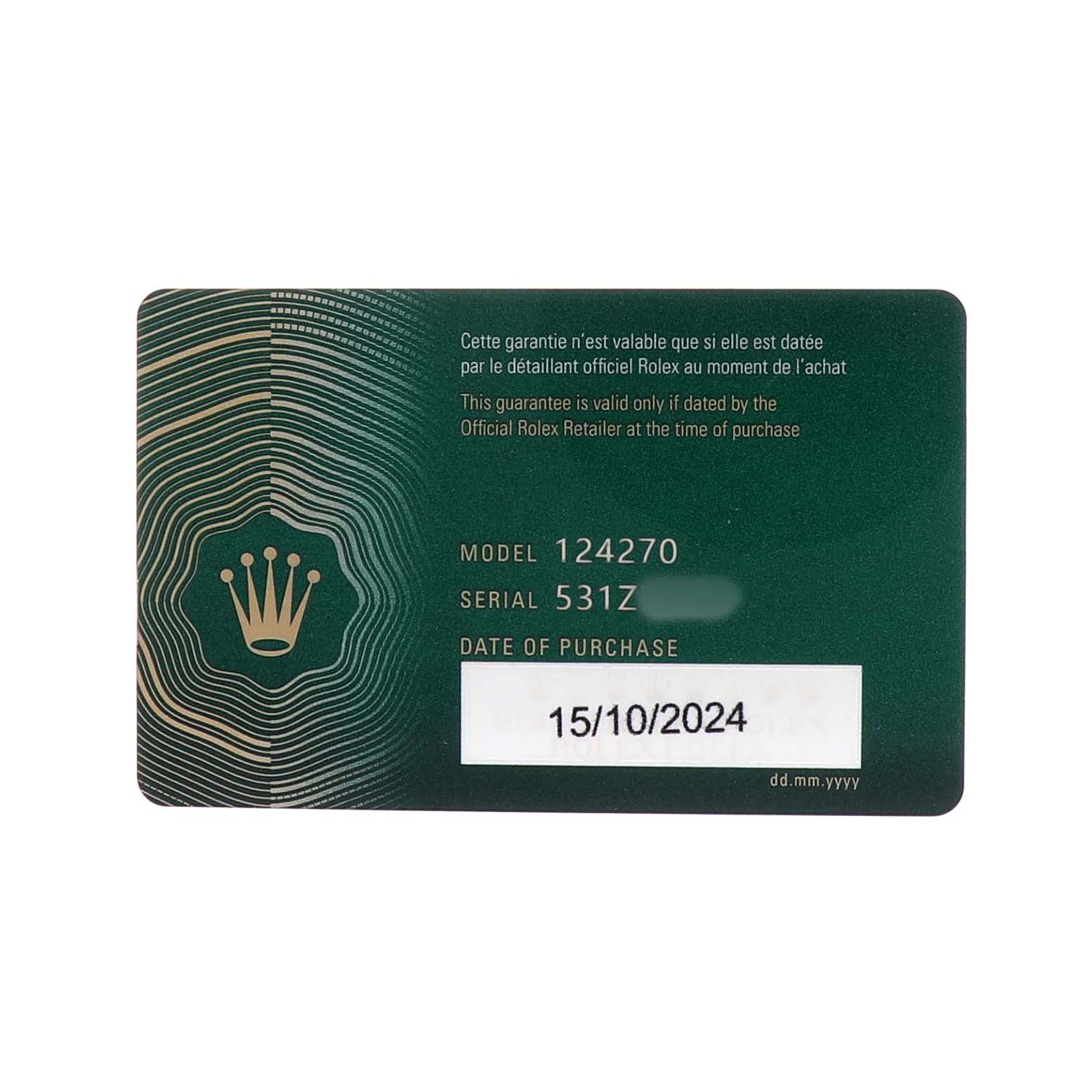 The image shows a warranty card for the Rolex Explorer 124270 Men's Stainless Steel Black Dial model 124270.