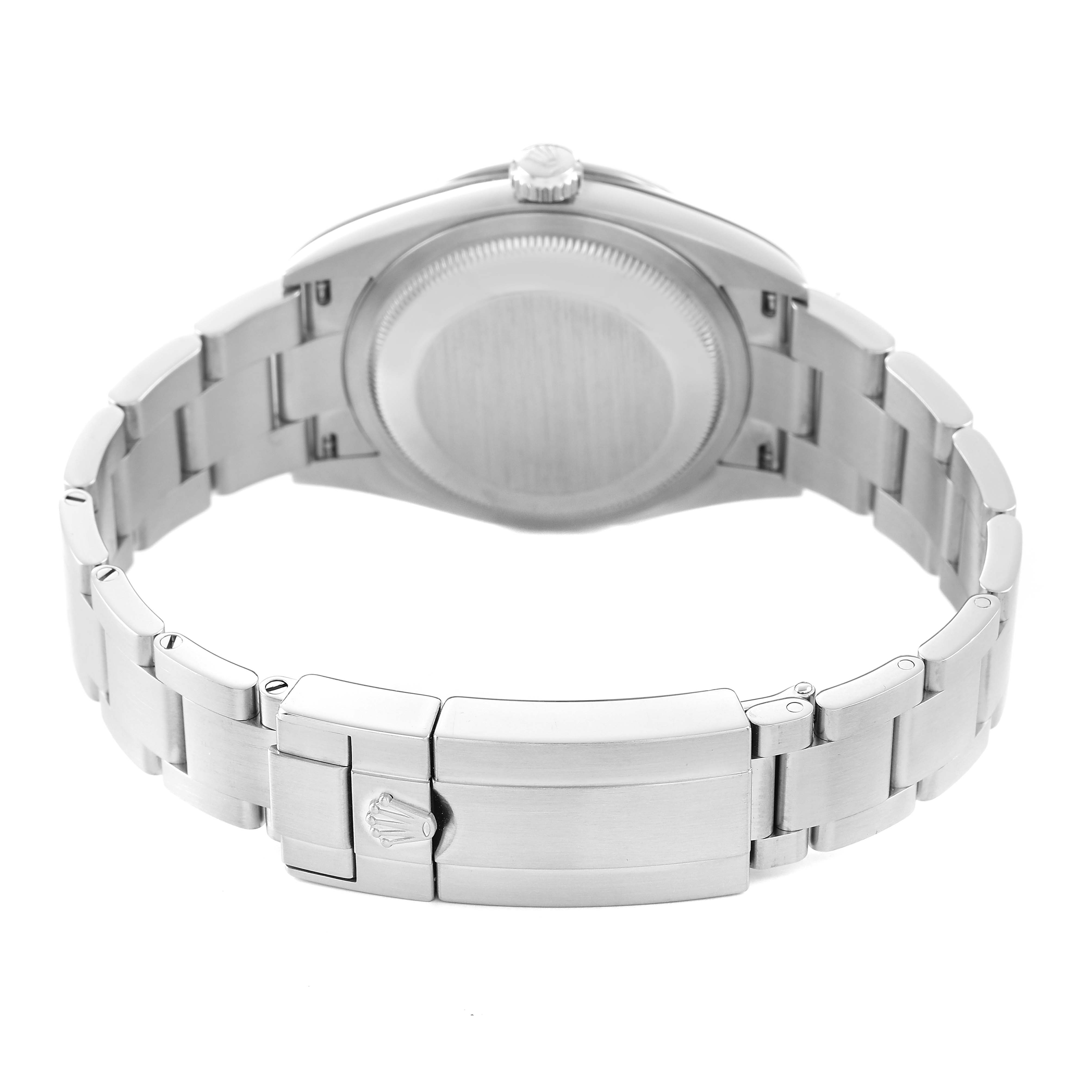 The image shows the backside of the Rolex Explorer 124270 Men's Stainless Steel Black Dial watch, focusing on the case back and bracelet clasp.