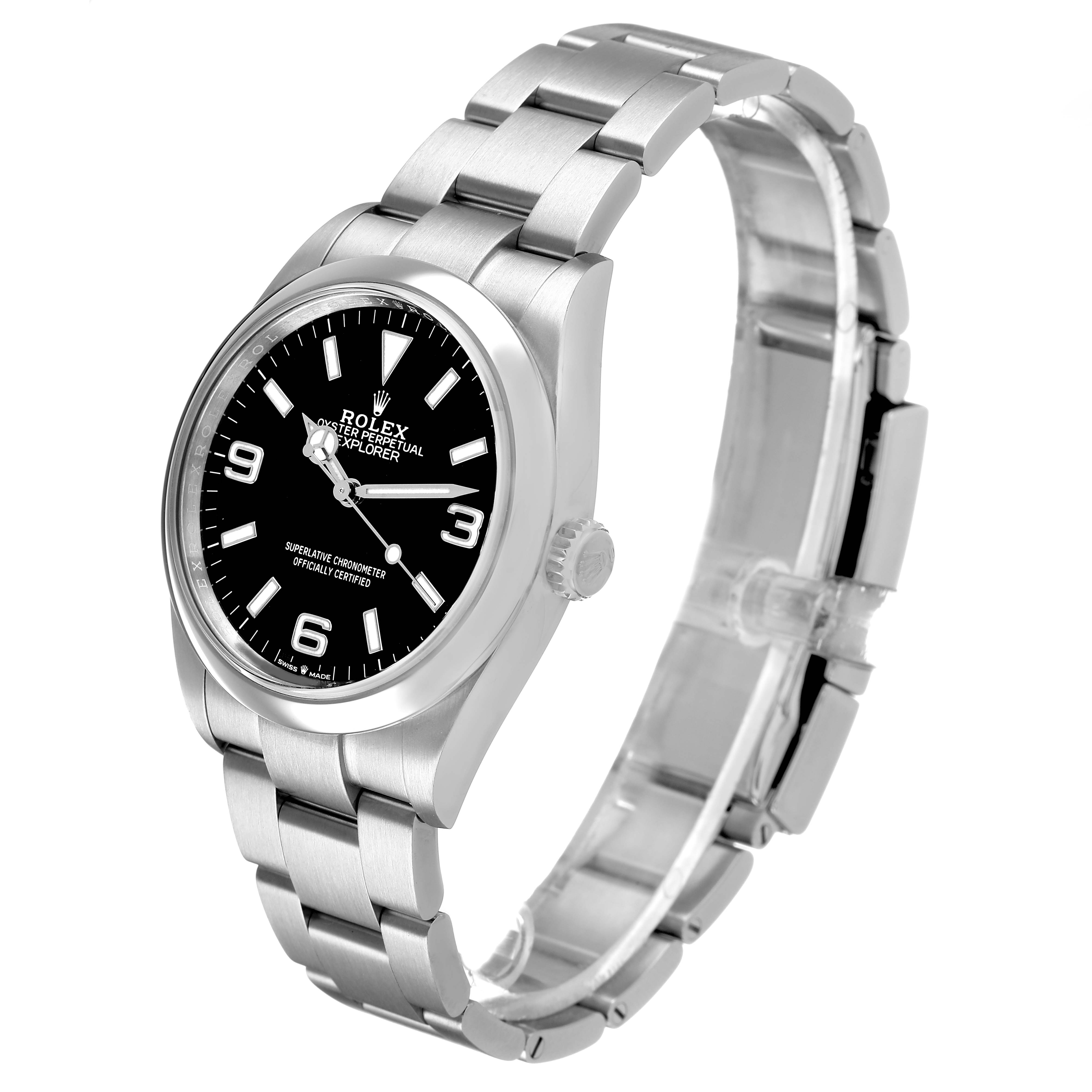 The Rolex Explorer 124270 Men's Stainless Steel Black Dial watch is shown at a slight angle, highlighting the dial, bezel, crown, and bracelet.