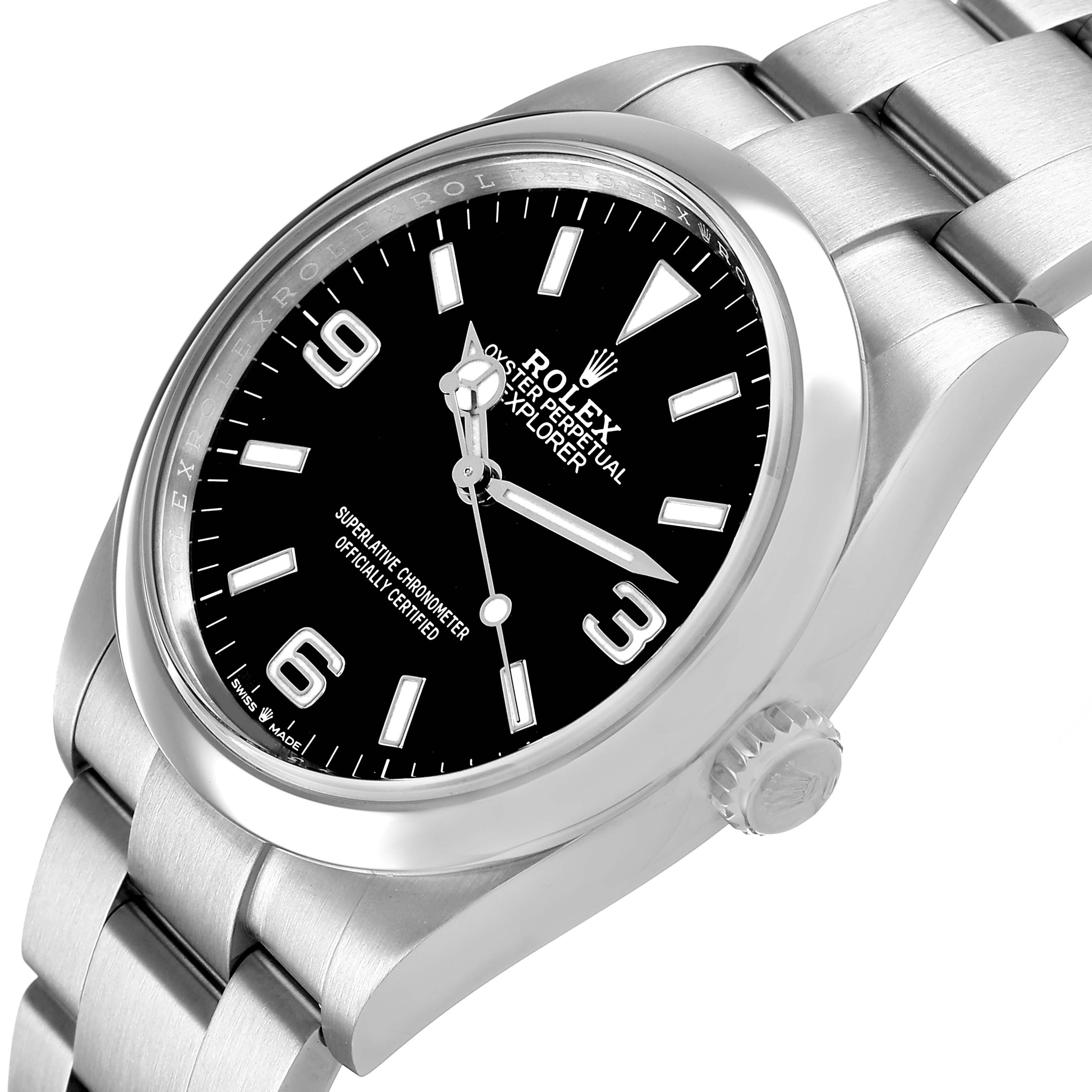 The Rolex Explorer 124270 Men's Stainless Steel Black Dial watch is shown at a slight angled view, displaying its black dial, bezel, crown, and part of the bracelet.