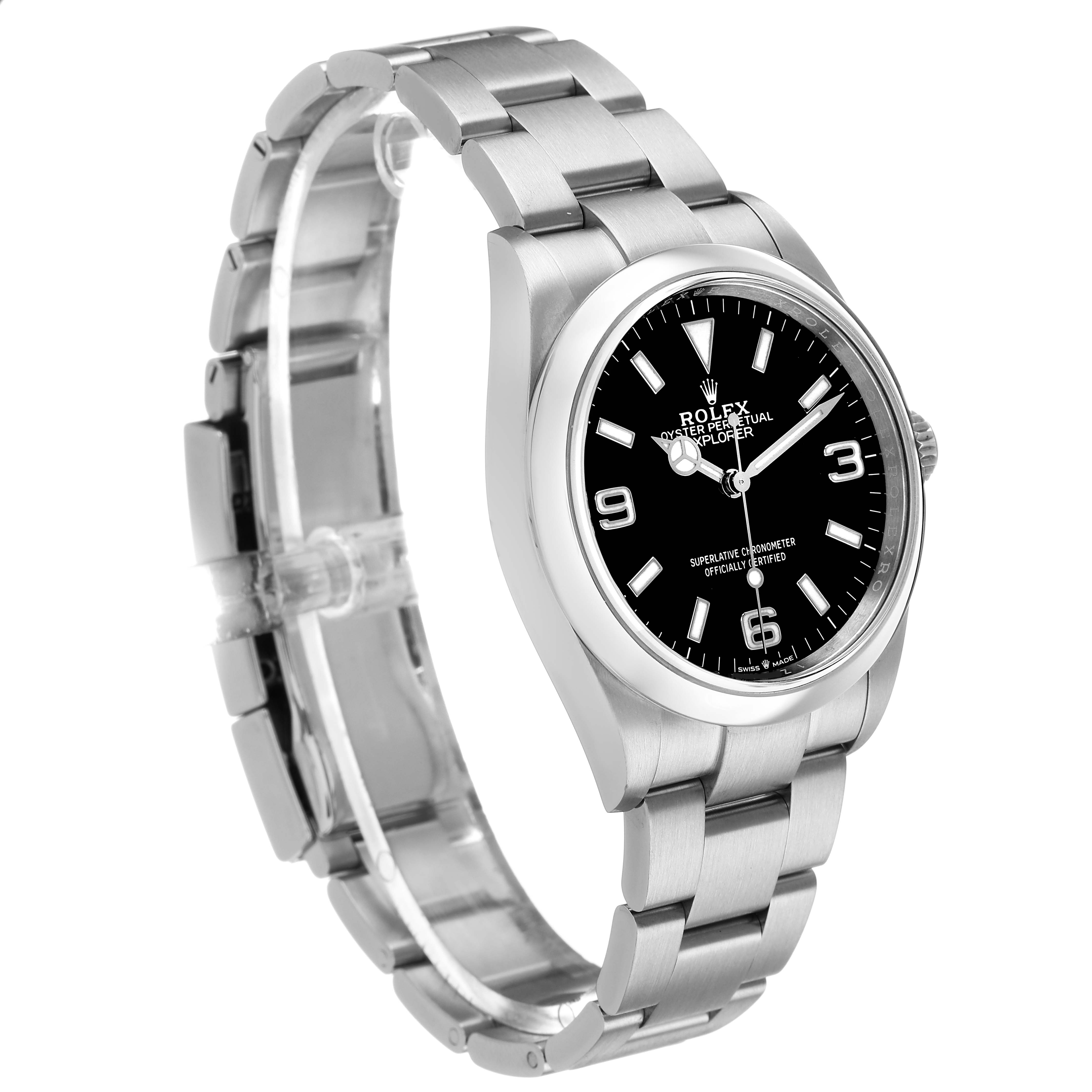 The Rolex Explorer 124270 Men's Stainless Steel Black Dial watch is shown at a three-quarter angle, highlighting its black dial, stainless steel case, and bracelet.