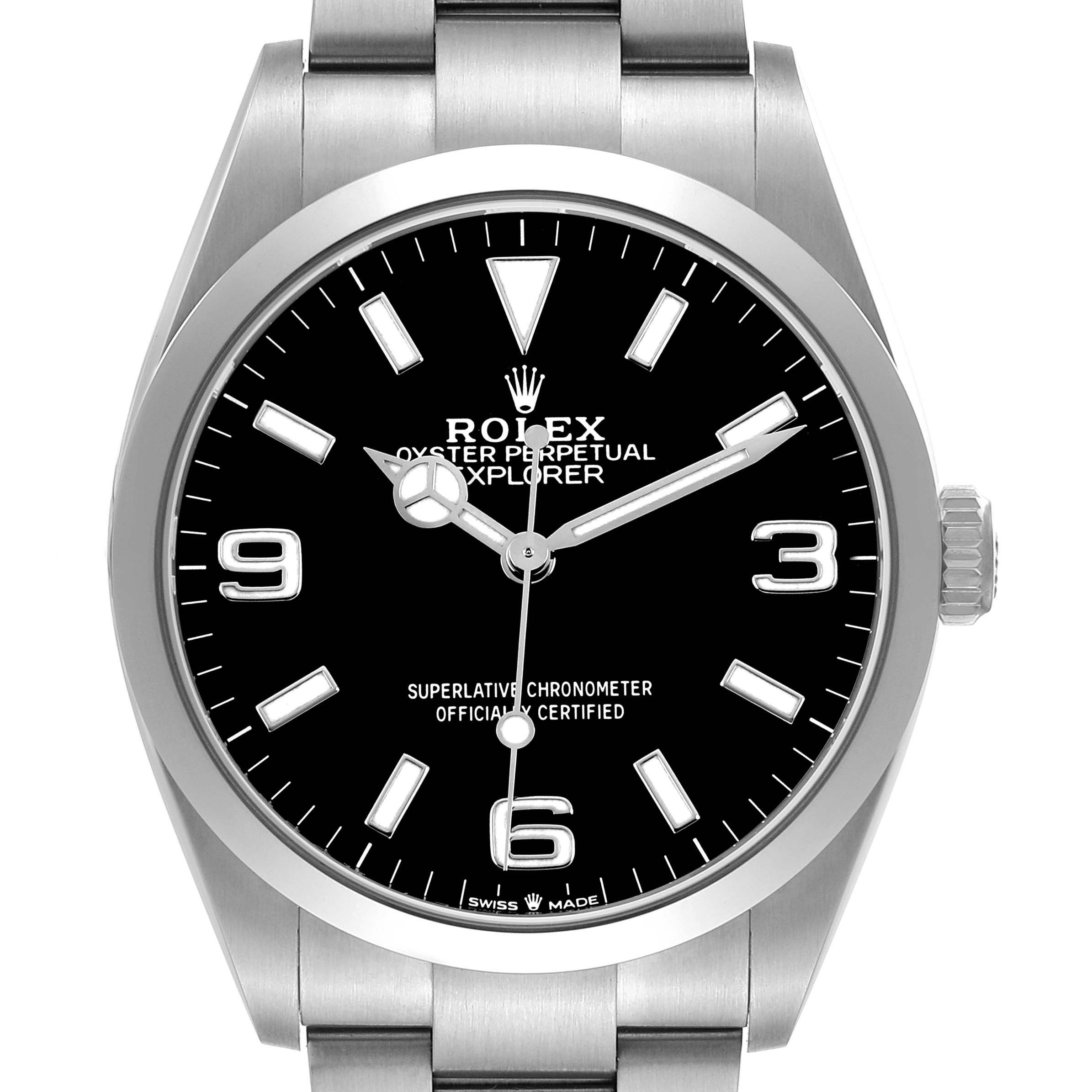 The image shows a front view of the Rolex Explorer 124270 Men's Stainless Steel Black Dial watch, highlighting the dial, hands, crown, and part of the bracelet.