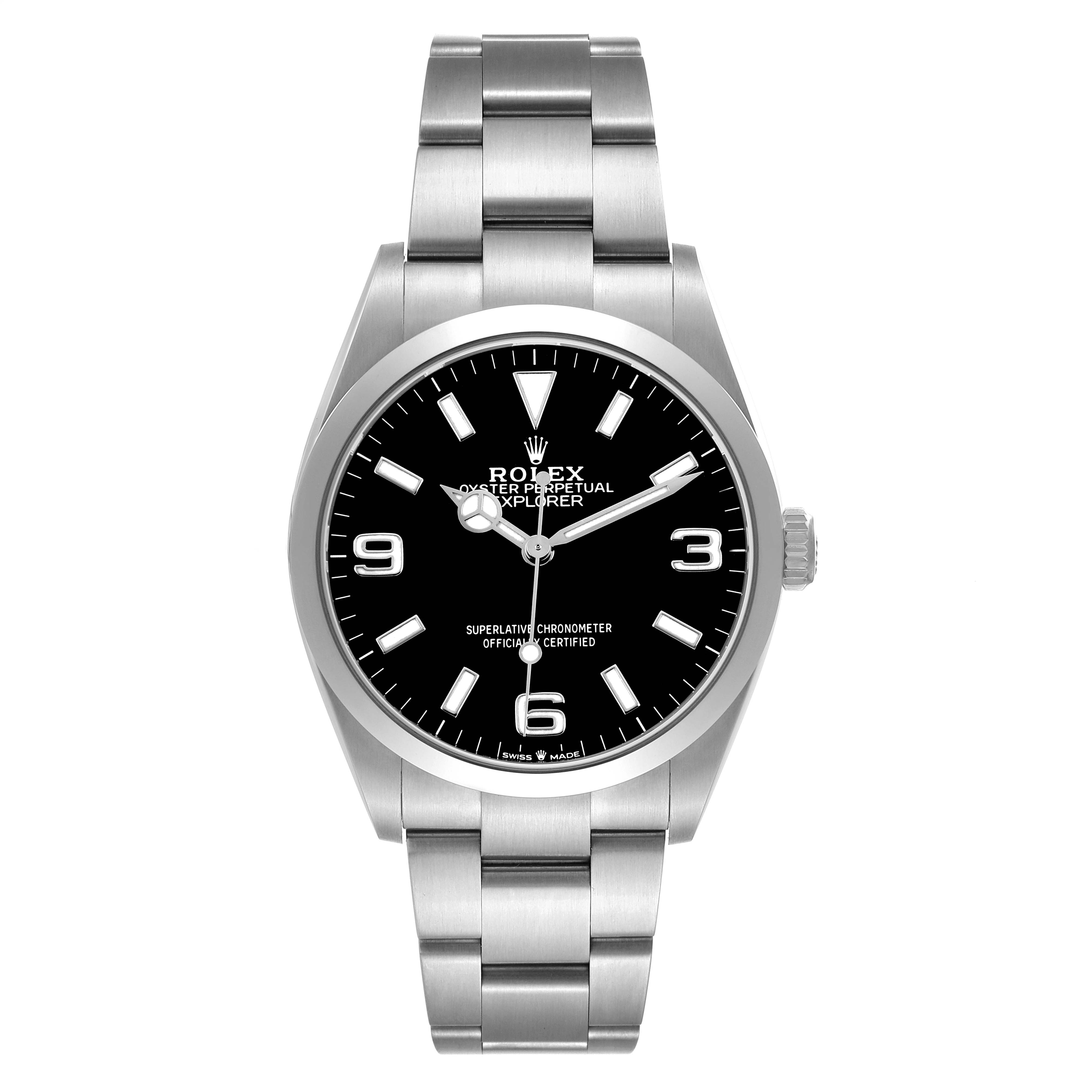 The Rolex Explorer 124270 Men's Stainless Steel Black Dial watch is shown from a top-down angle, displaying the face, bezel, case, and bracelet.