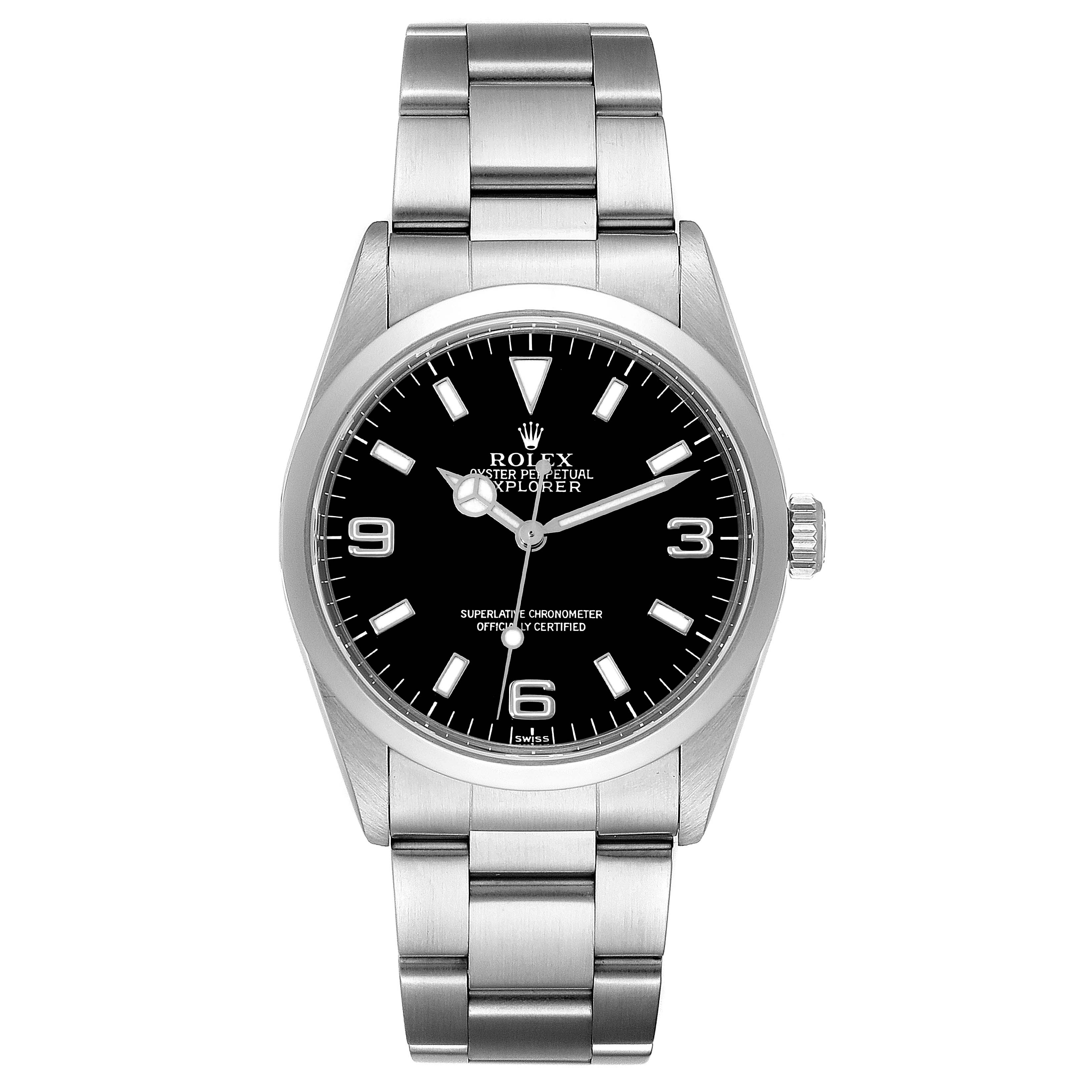The Rolex Explorer 14270 Men
s Stainless Steel Black Dial 14270 Men
s Stainless Steel Black Dial watch is shown from the front, displaying its black dial, hour markers, hands, bezel, and stainless steel bracelet.