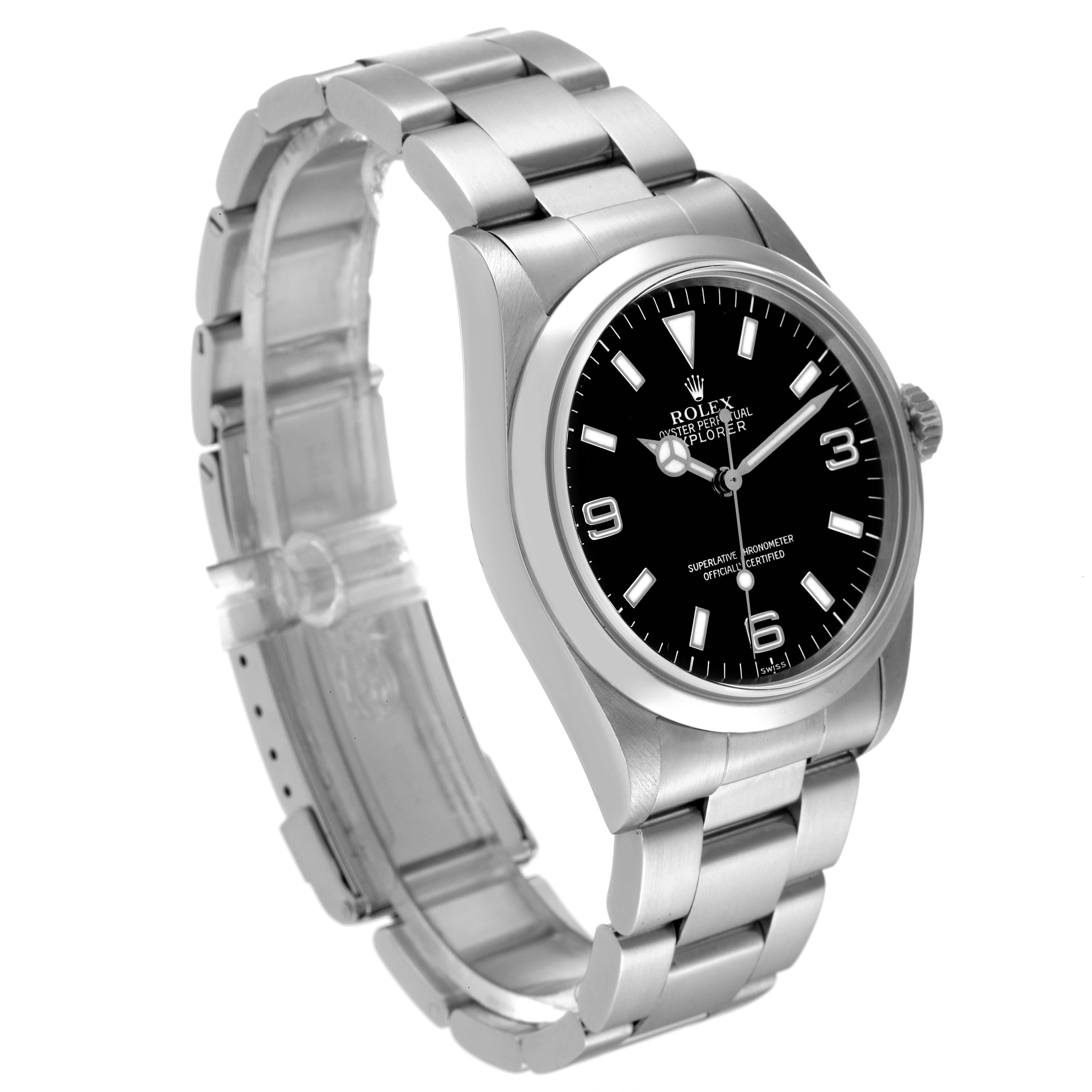 The image shows a side and front angle of the Rolex Explorer 14270 Men
s Stainless Steel Black Dial 14270 Men
s Stainless Steel Black Dial watch, highlighting its bracelet, case, and face.