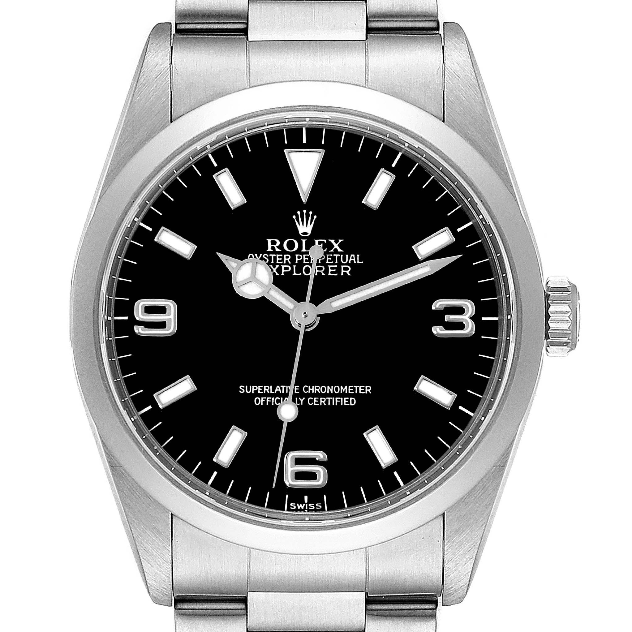 The Rolex Explorer 14270 Men
s Stainless Steel Black Dial 14270 Men
s Stainless Steel Black Dial watch is shown from a front angle, displaying its dial, hands, markers, and part of the bracelet.
