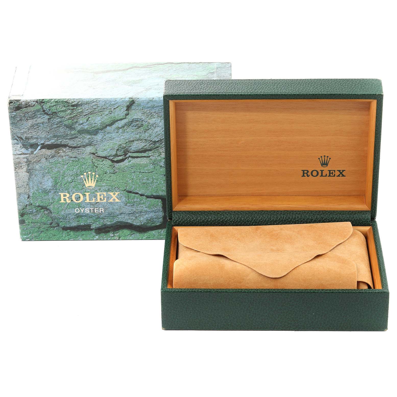 This image shows the open box and suede pouch for the Rolex Explorer 14270 Men
s Stainless Steel Black Dial 14270 Men
s Stainless Steel Black Dial watch, with the interior and exterior of the packaging visible.