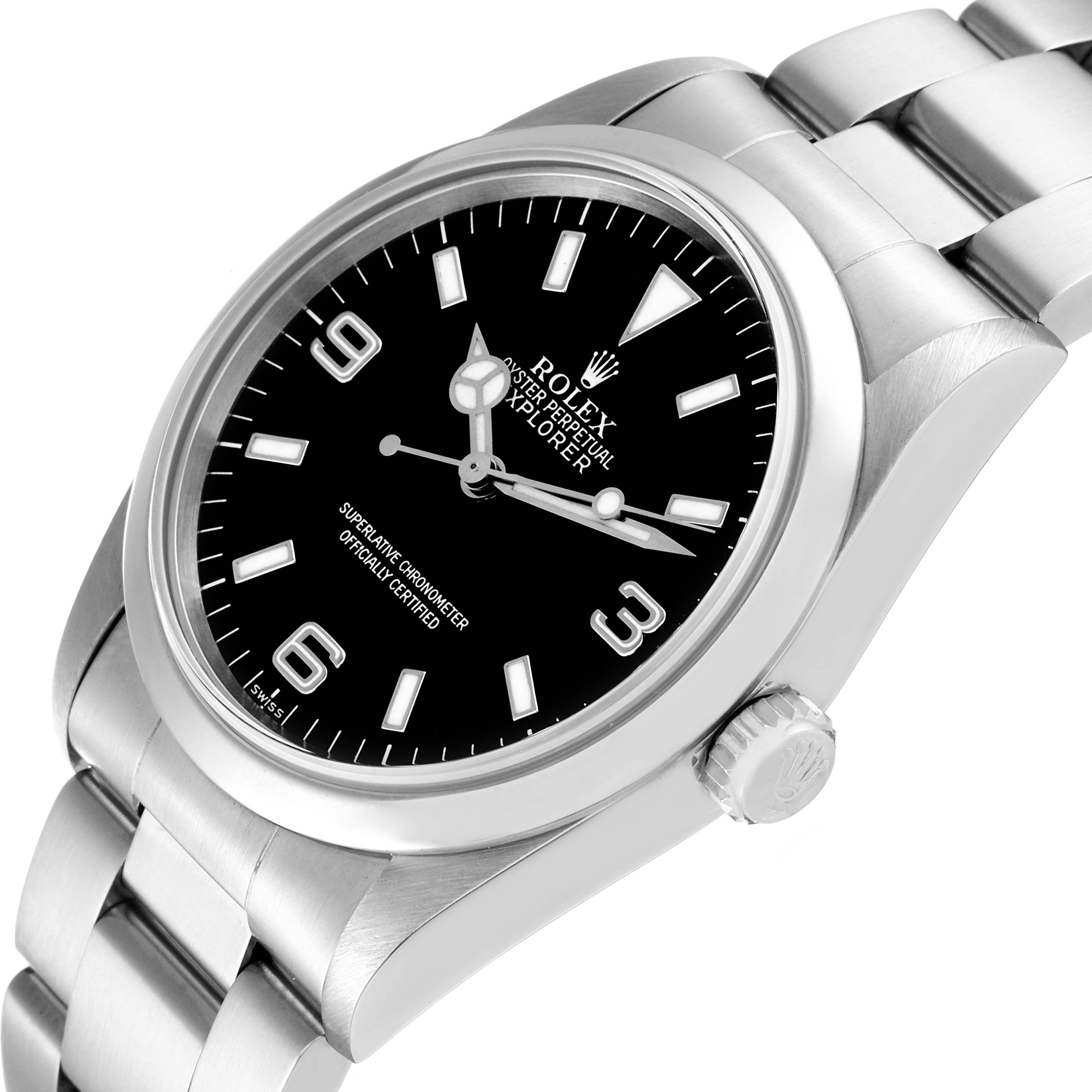 This image shows a close-up angle of the Rolex Explorer 14270 Men
s Stainless Steel Black Dial 14270 Men
s Stainless Steel Black Dial watch, highlighting its face, bezel, crown, and part of the bracelet.