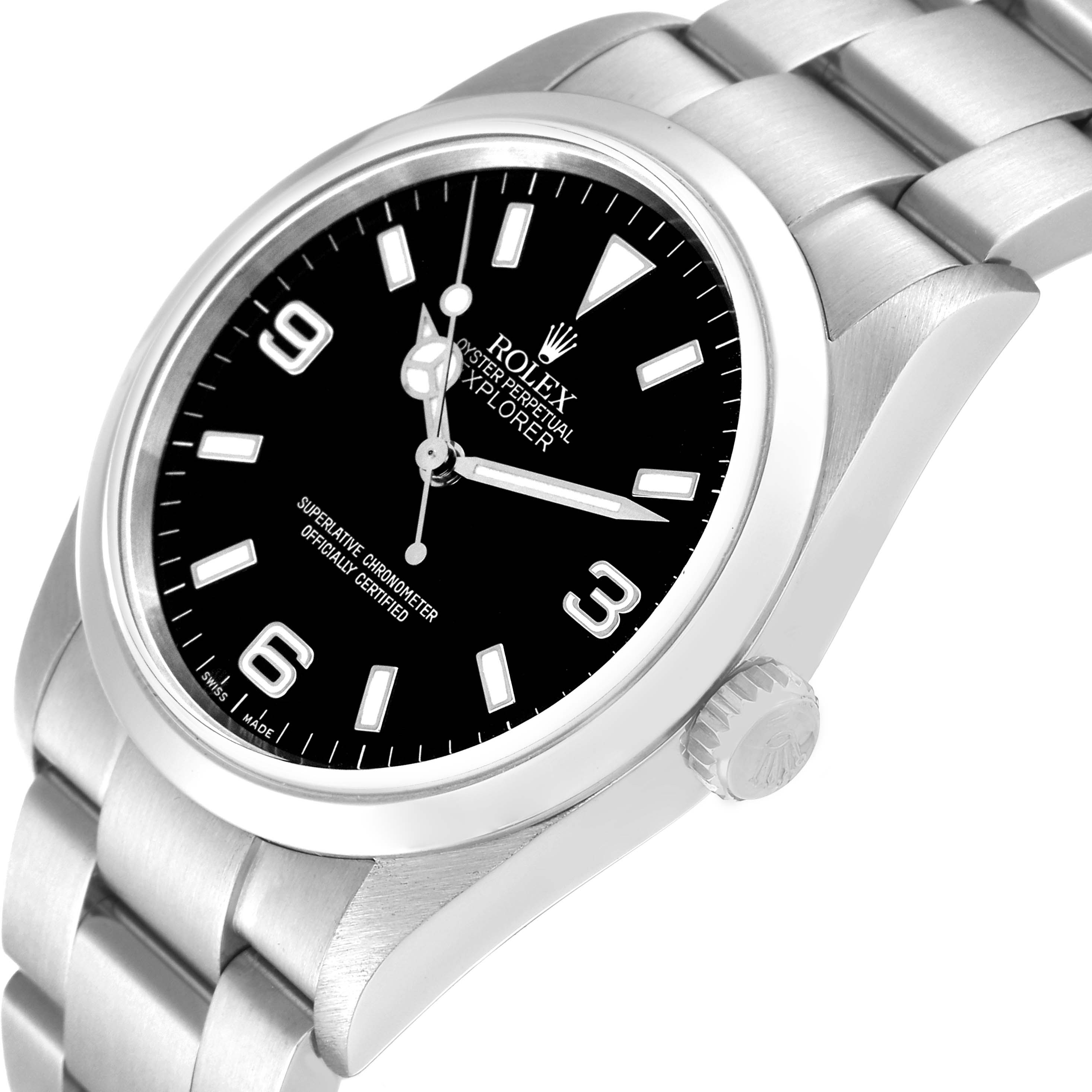 The image shows a close-up, angled view of the Rolex Explorer 114270 Men
s Stainless Steel Black Dial 114270 Men
s Stainless Steel Black Dial watch, displaying its face, bezel, crown, and part of the bracelet.