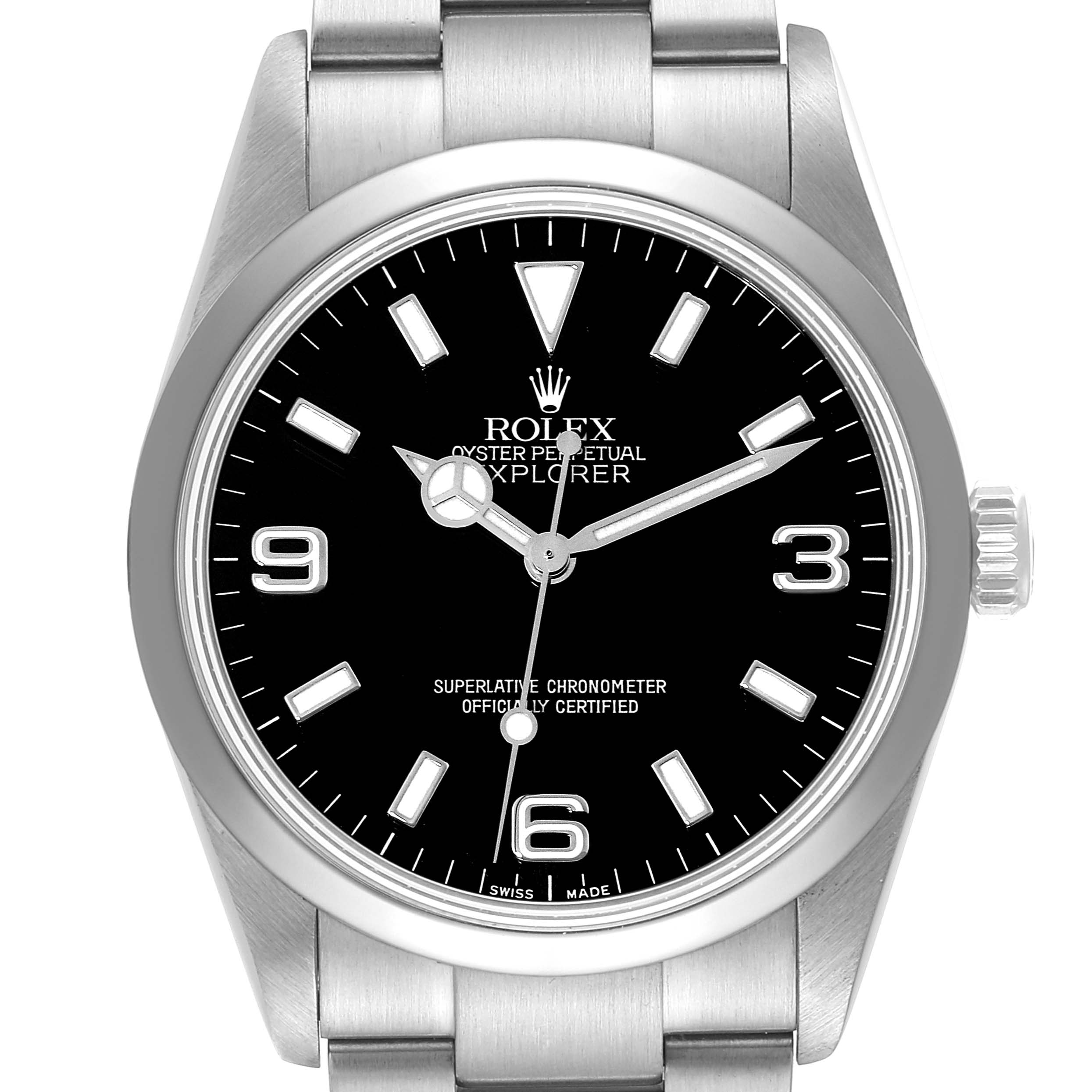 This image shows a frontal view of a Rolex Explorer 114270 Men
s Stainless Steel Black Dial 114270 Men
s Stainless Steel Black Dial watch, highlighting the dial, hands, bracelet, and crown.