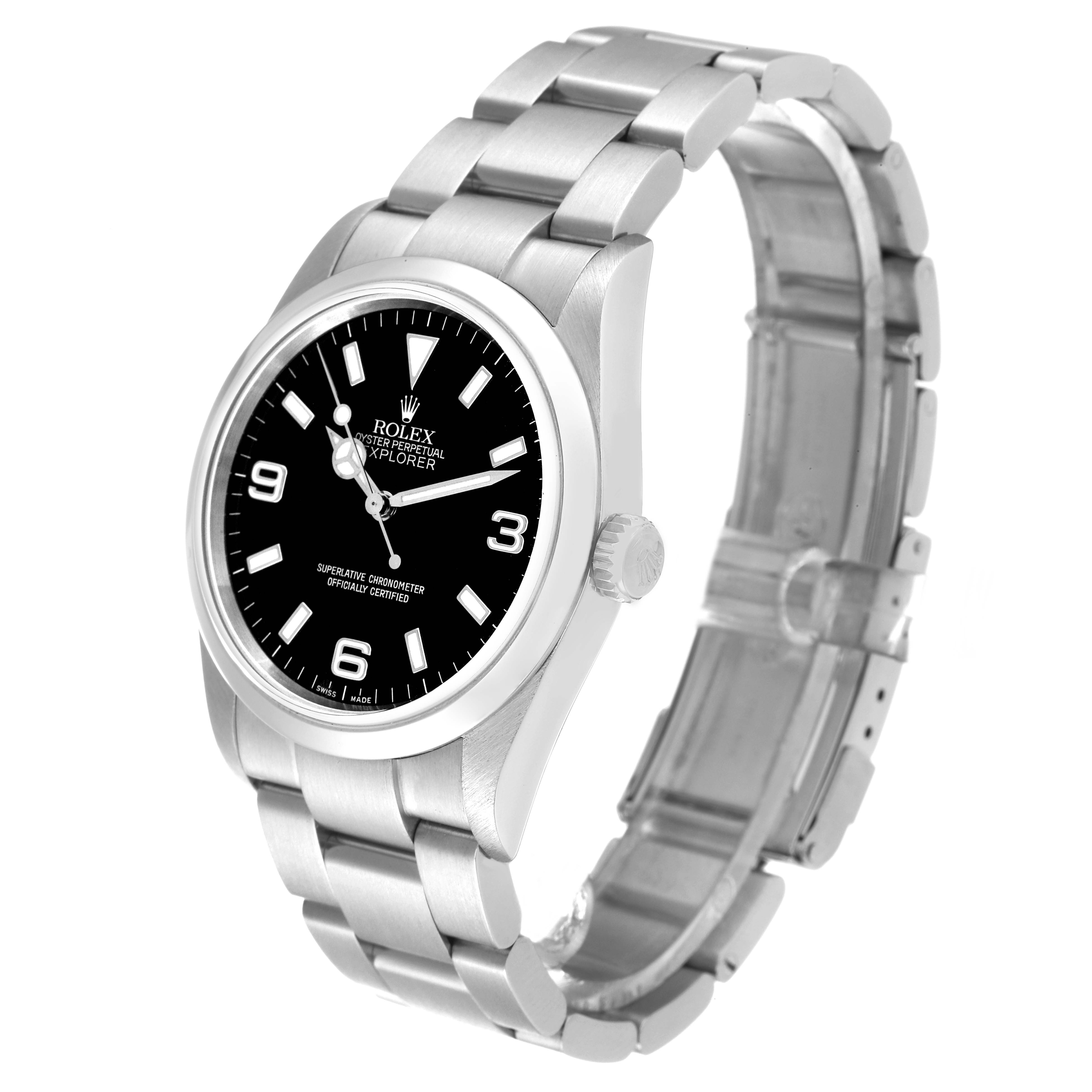 The image shows a side-angle view of the Rolex Explorer 114270 Men
s Stainless Steel Black Dial 114270 Men
s Stainless Steel Black Dial watch with a black dial and stainless steel bracelet.