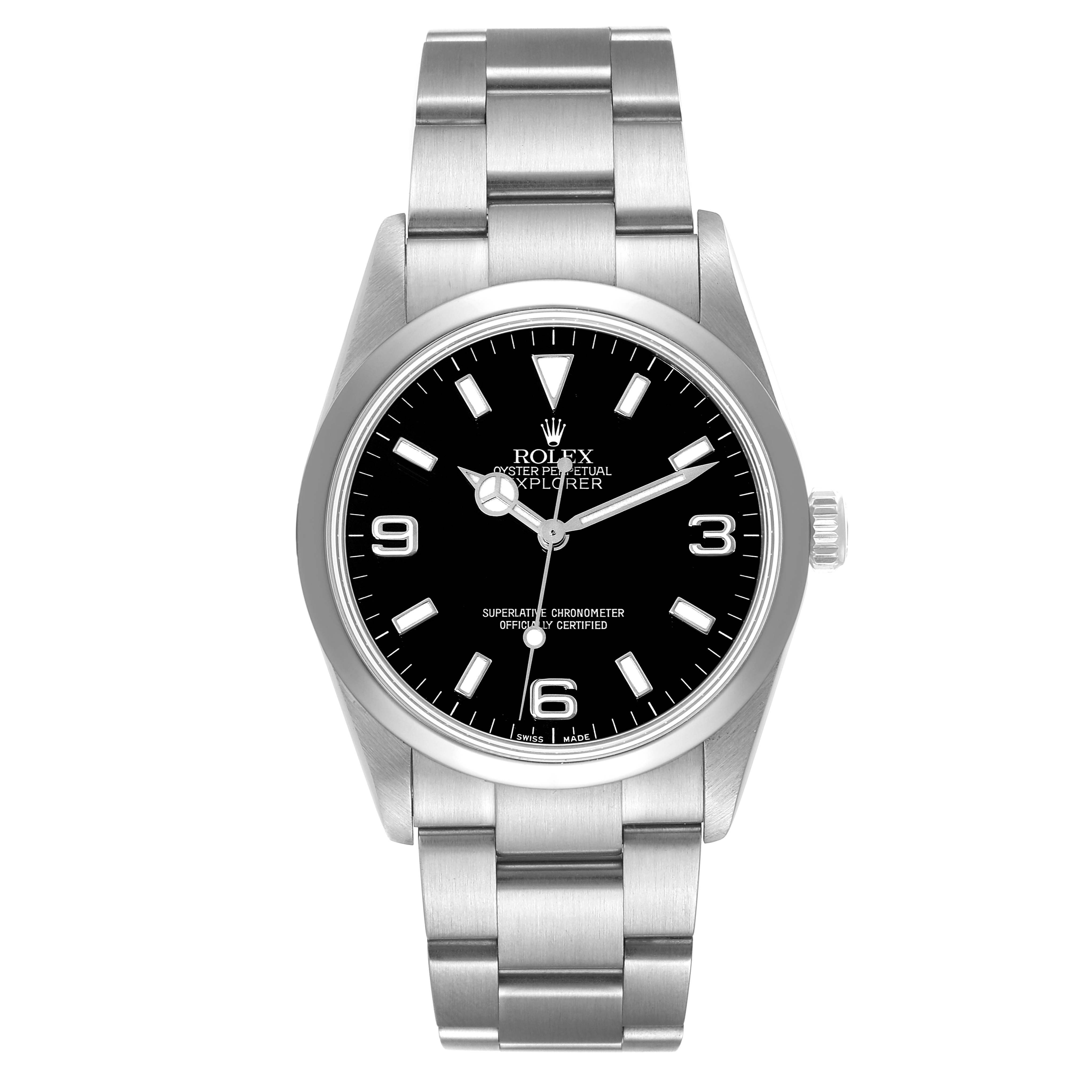 This image shows a front view of the Rolex Explorer 114270 Men
s Stainless Steel Black Dial 114270 Men
s Stainless Steel Black Dial watch, displaying its dial, bezel, crown, and bracelet.