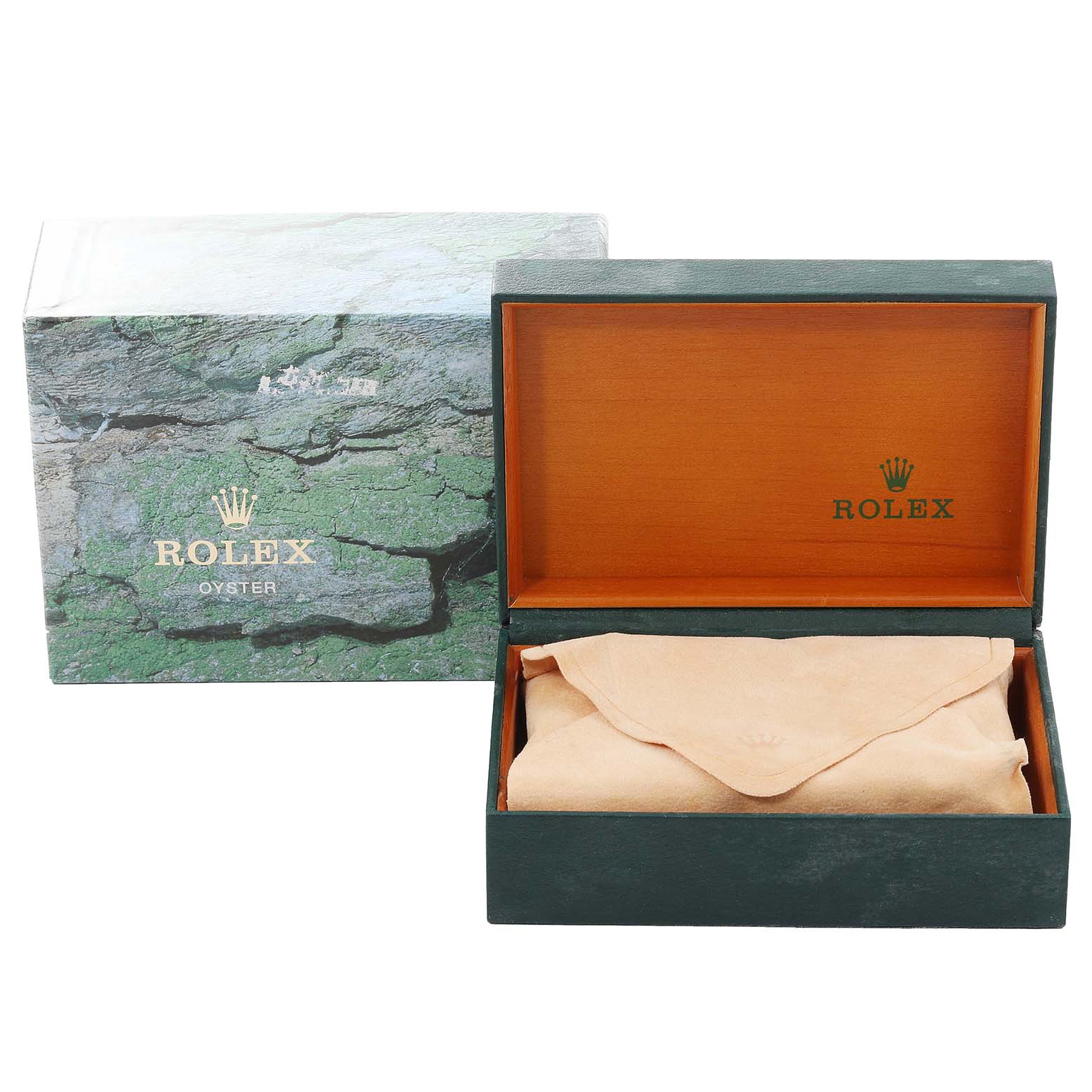 The image shows a green Rolex Explorer 114270 Men
s Stainless Steel Black Dial 114270 Men
s Stainless Steel Black Dial box with the inner wooden and outer protective packaging.