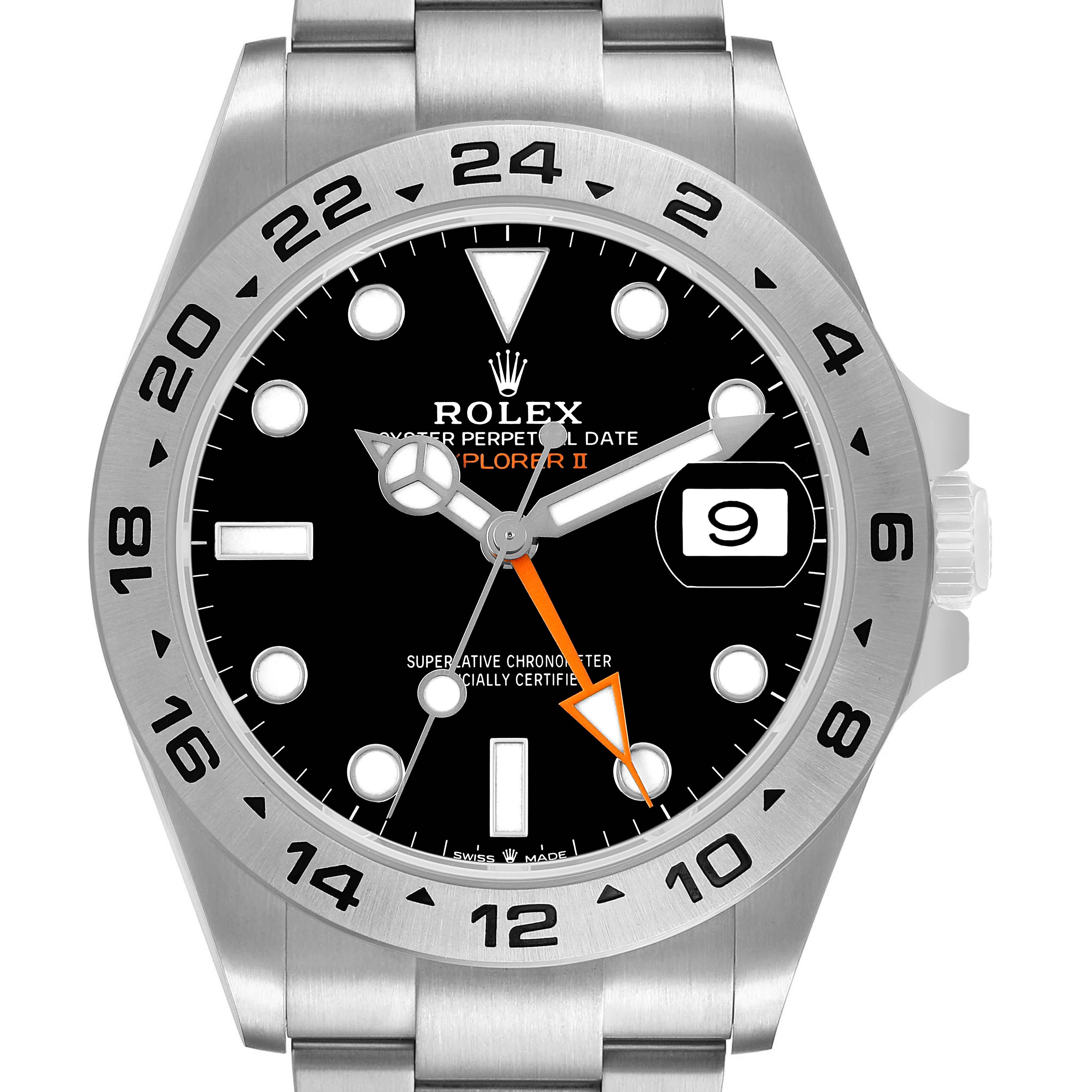 The Rolex Explorer 226570 Men's Stainless Steel Black Dial II watch is shown from the front, displaying the face, hands, bezel, and bracelet.
