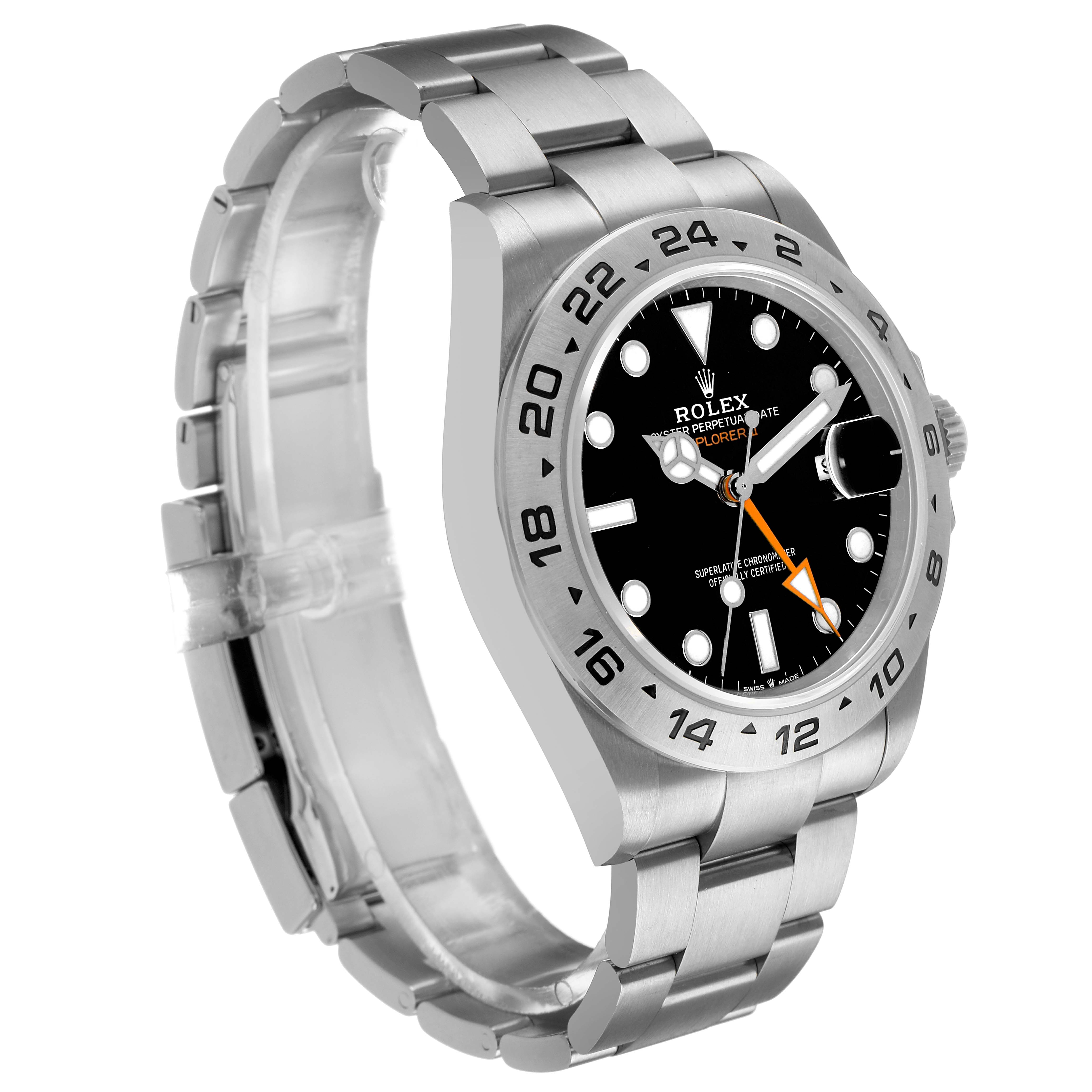 The Rolex Explorer 226570 Men's Stainless Steel Black Dial watch is shown at a three-quarter angle, highlighting the face, bezel, bracelet, and side crown.