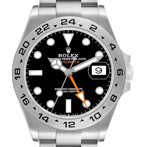The Rolex Explorer 226570 Men's Stainless Steel Black Dial II watch is shown from the front, highlighting the bezel, dial, hands, and crown.