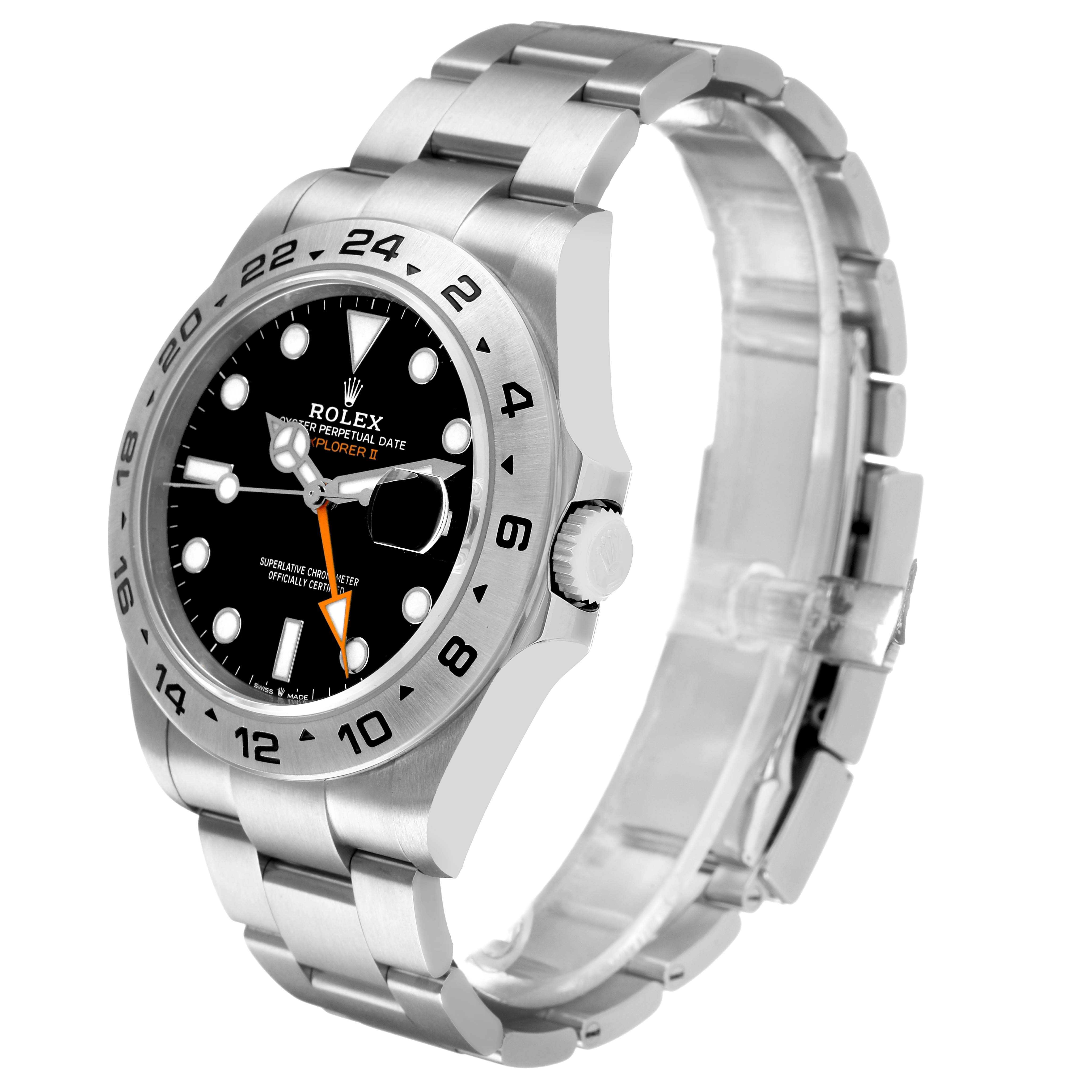 The Rolex Explorer 226570 Men's Stainless Steel Black Dial watch is shown at a side angle, displaying the face, bezel, crown, and bracelet.