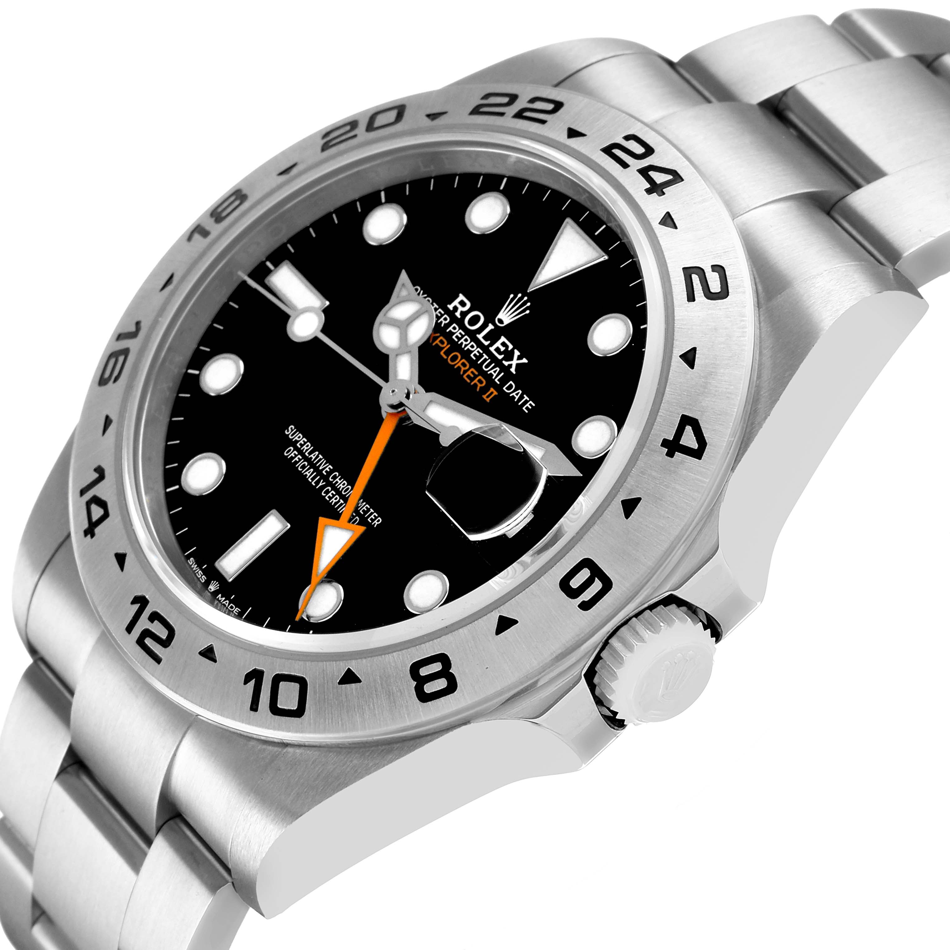 The Rolex Explorer 226570 Men's Stainless Steel Black Dial watch is shown at an angle displaying the dial, bezel, crown, and part of the bracelet.