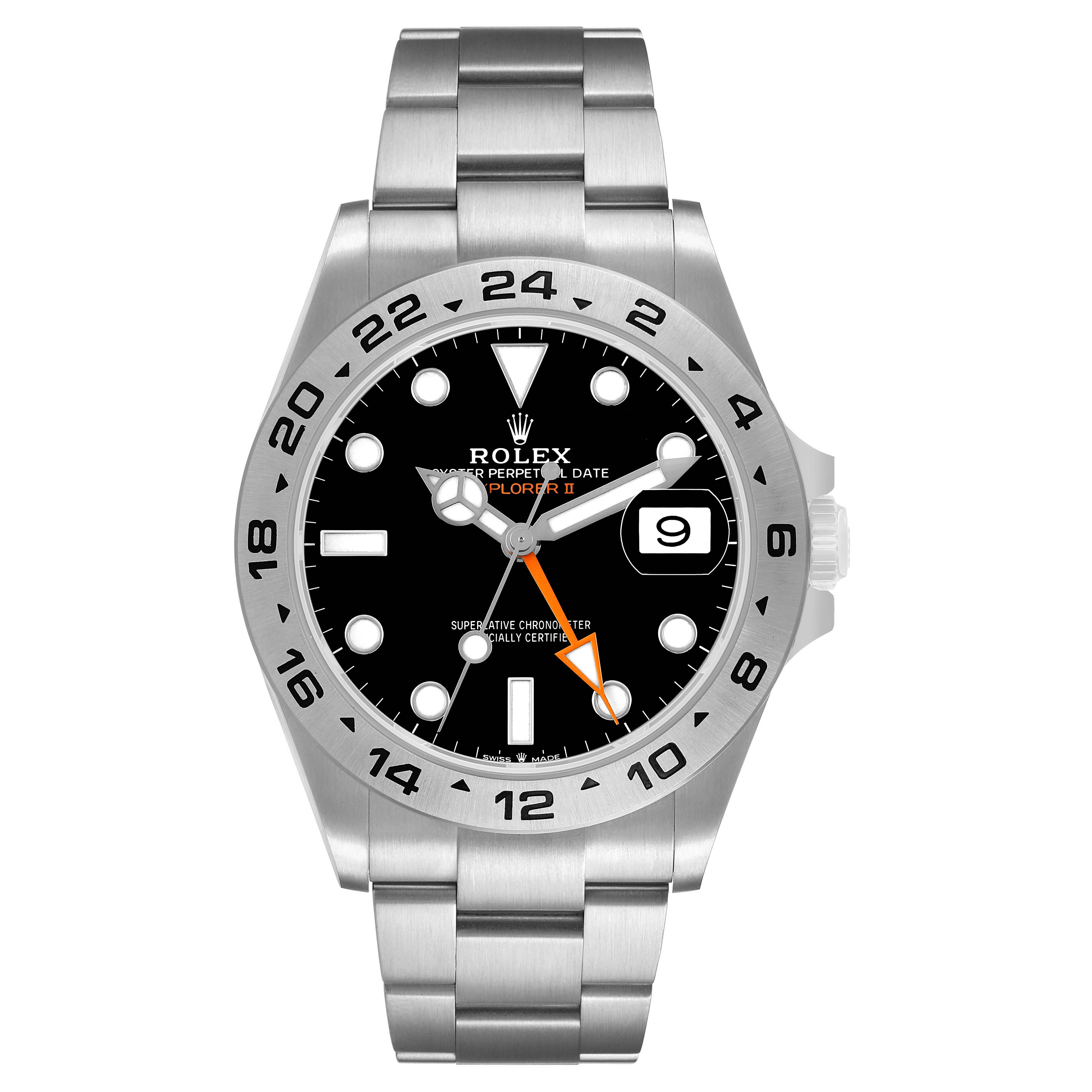 The Rolex Explorer 226570 Men's Stainless Steel Black Dial model watch is shown from the front, displaying the dial, bezel, and bracelet clearly.
