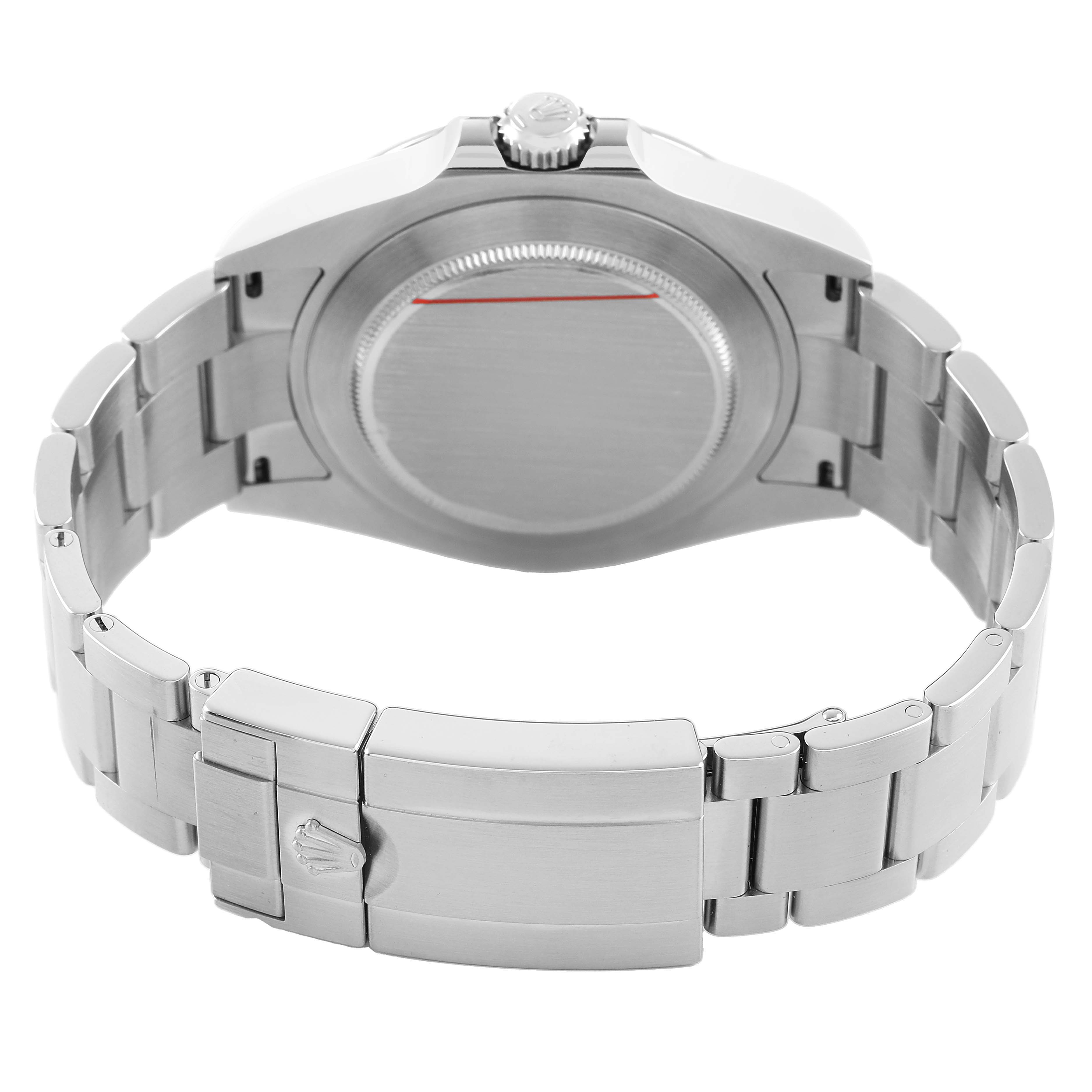 The image shows the back view of the Rolex Explorer 226570 Men's Stainless Steel Black Dial, highlighting the case back, bracelet, and clasp.