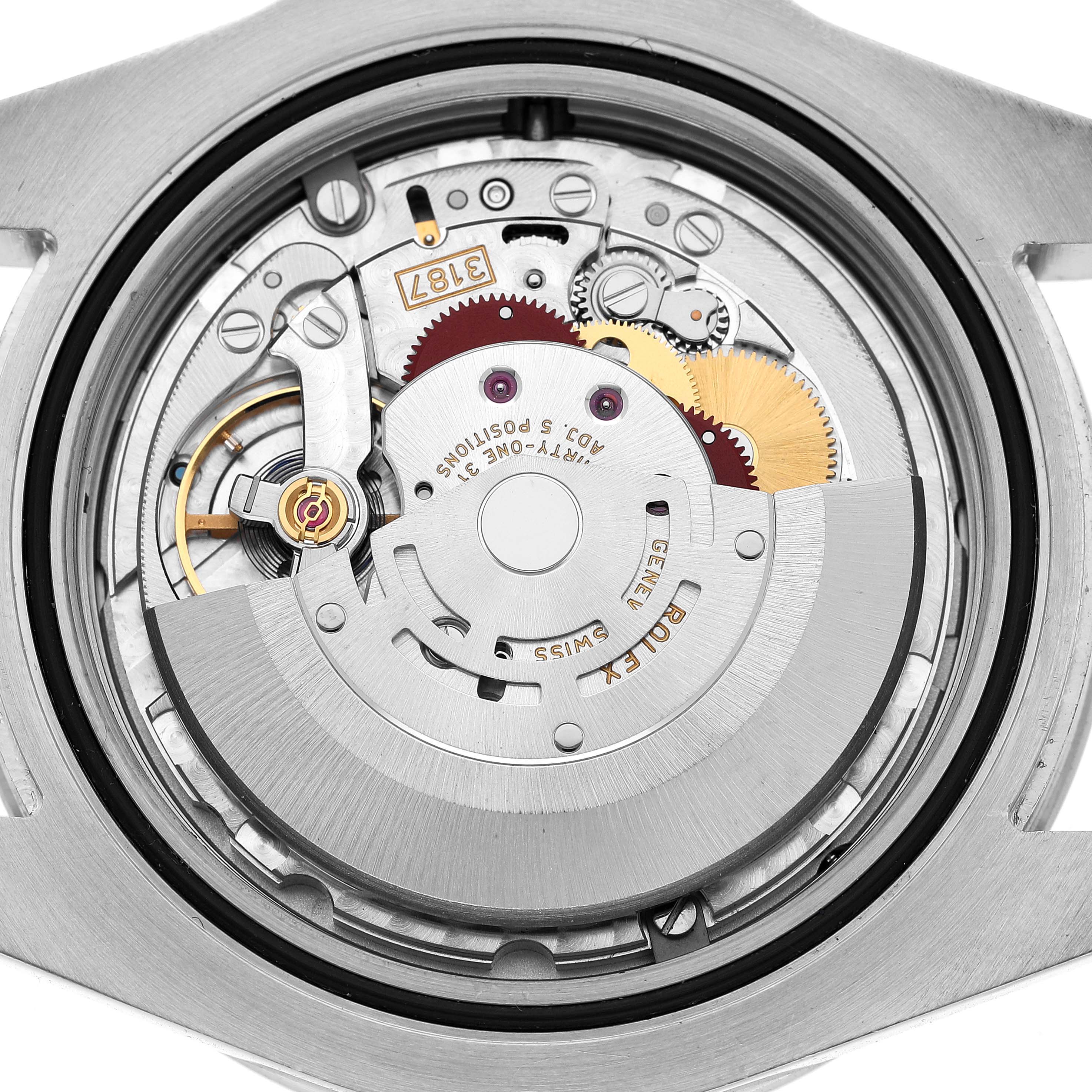 The image shows the back view of the Rolex Explorer 216570 Men's Stainless Steel White Dial, highlighting its intricate movement and mechanism details.