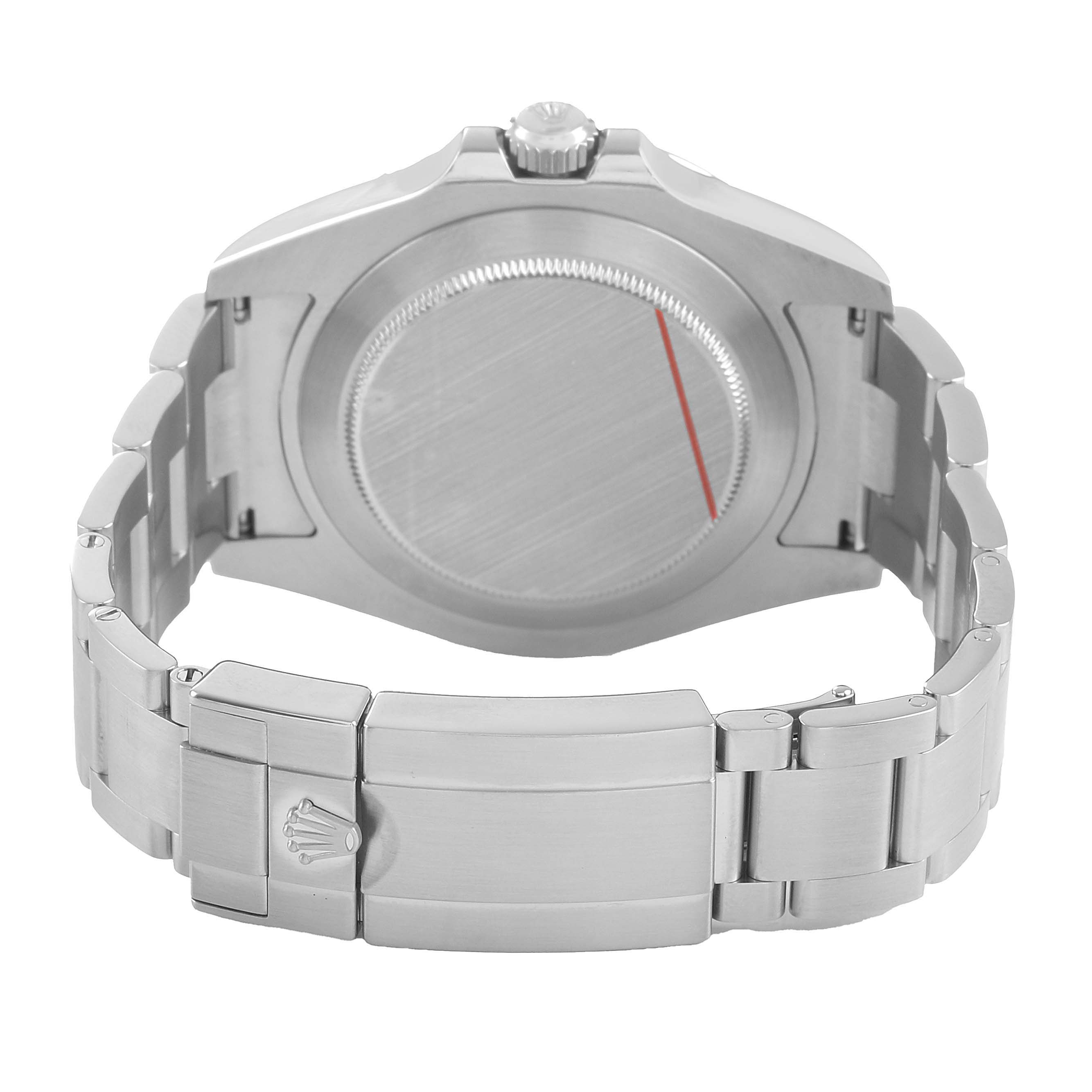 The image shows the back view of a Rolex Explorer 216570 Men's Stainless Steel White Dial watch, highlighting the case back, bracelet, and clasp.