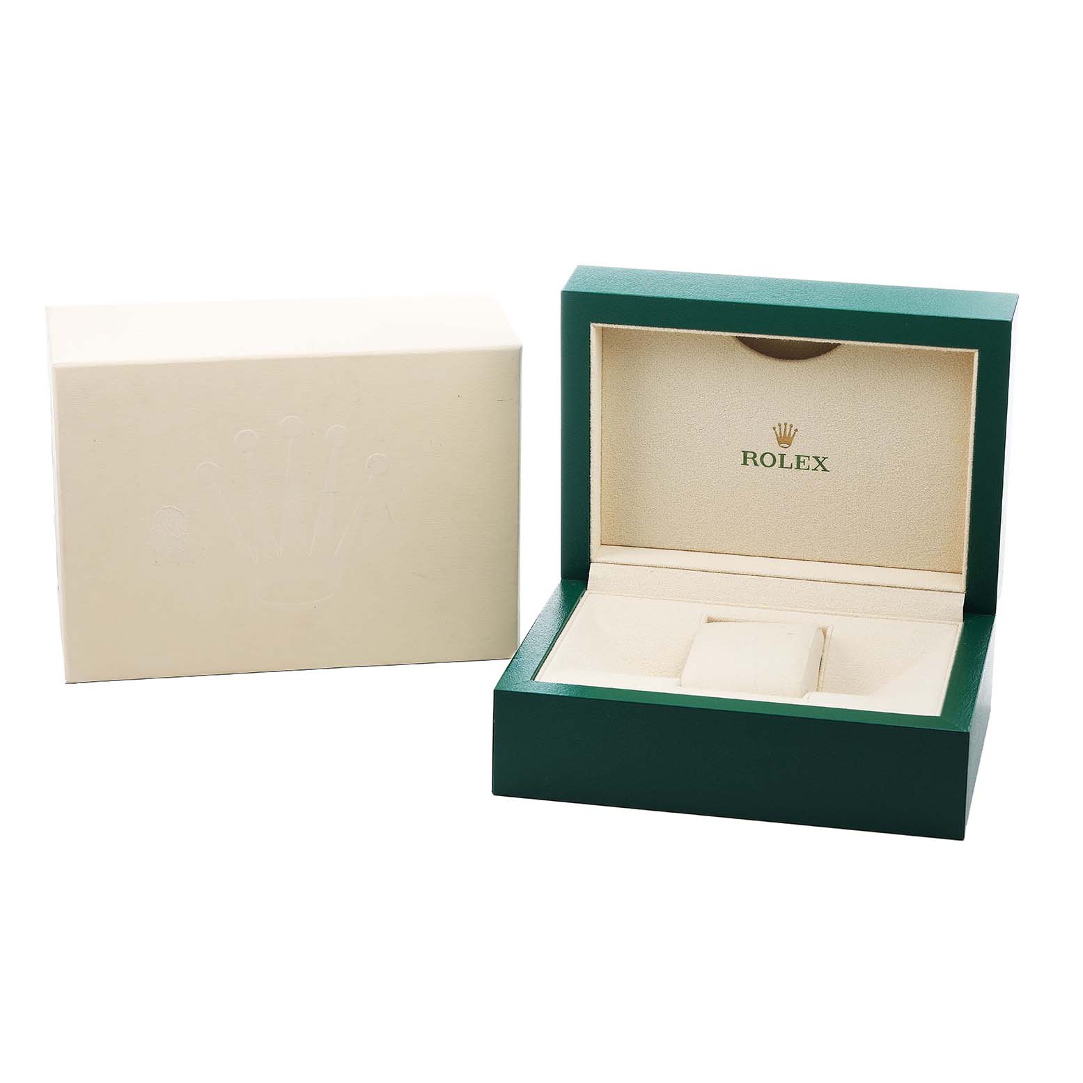 The image shows an open green and beige Rolex watch box for the Explorer model, viewed from the front with a separate outer box beside it.