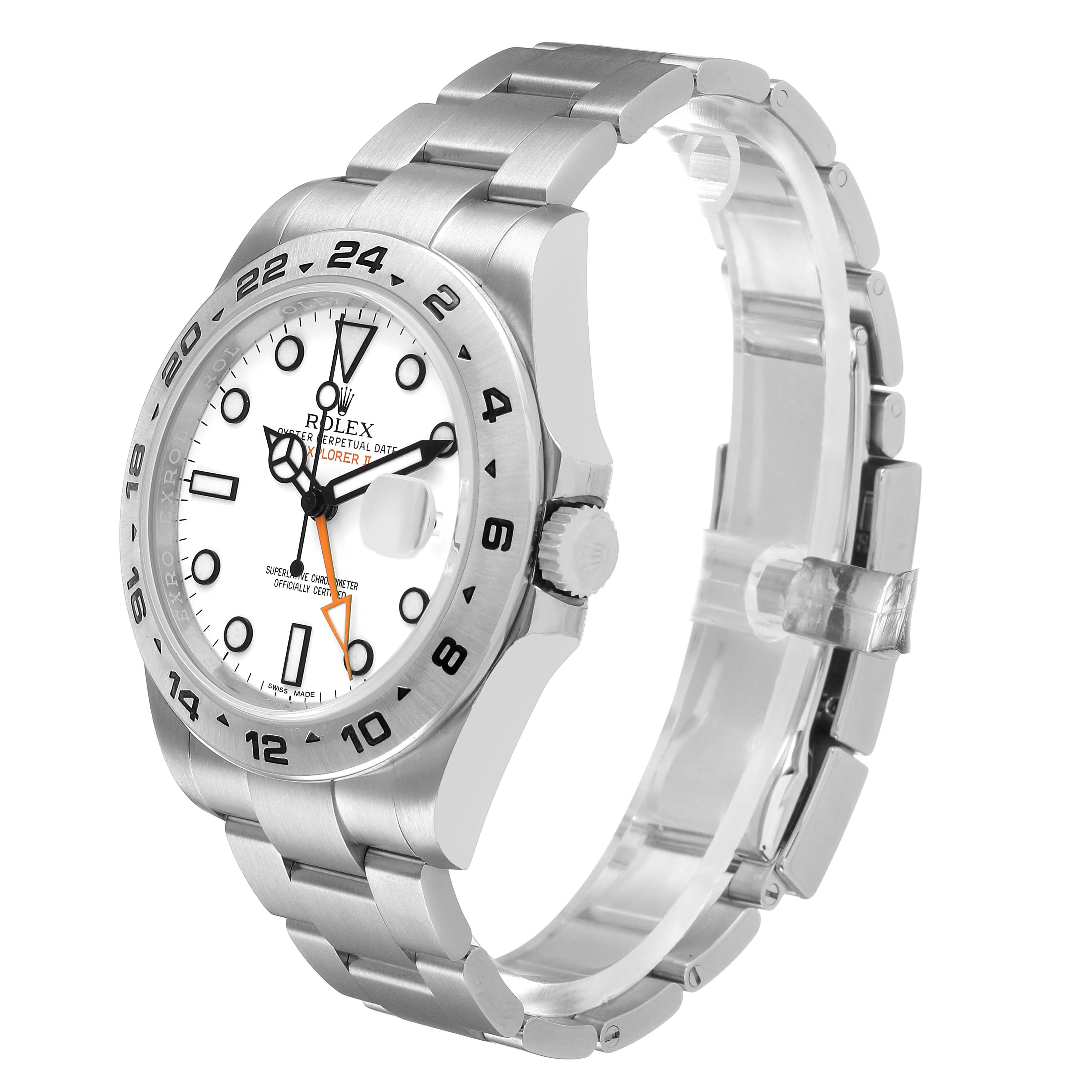 The Rolex Explorer 216570 Men's Stainless Steel White Dial watch is shown at a slight angle, displaying the face, bezel, crown, and bracelet clearly.