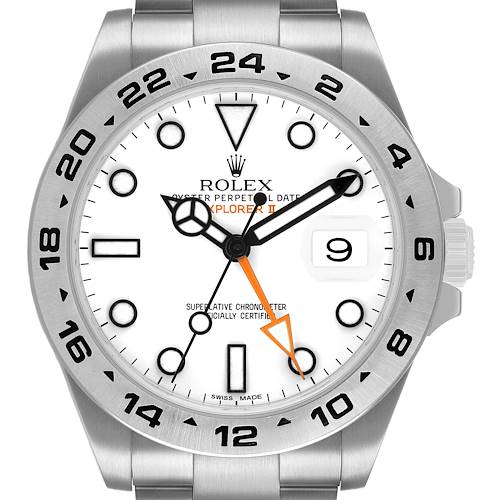 The Rolex Explorer 216570 Men's Stainless Steel White Dial model is shown from a front angle, displaying the face, bezel, hands, and date window.