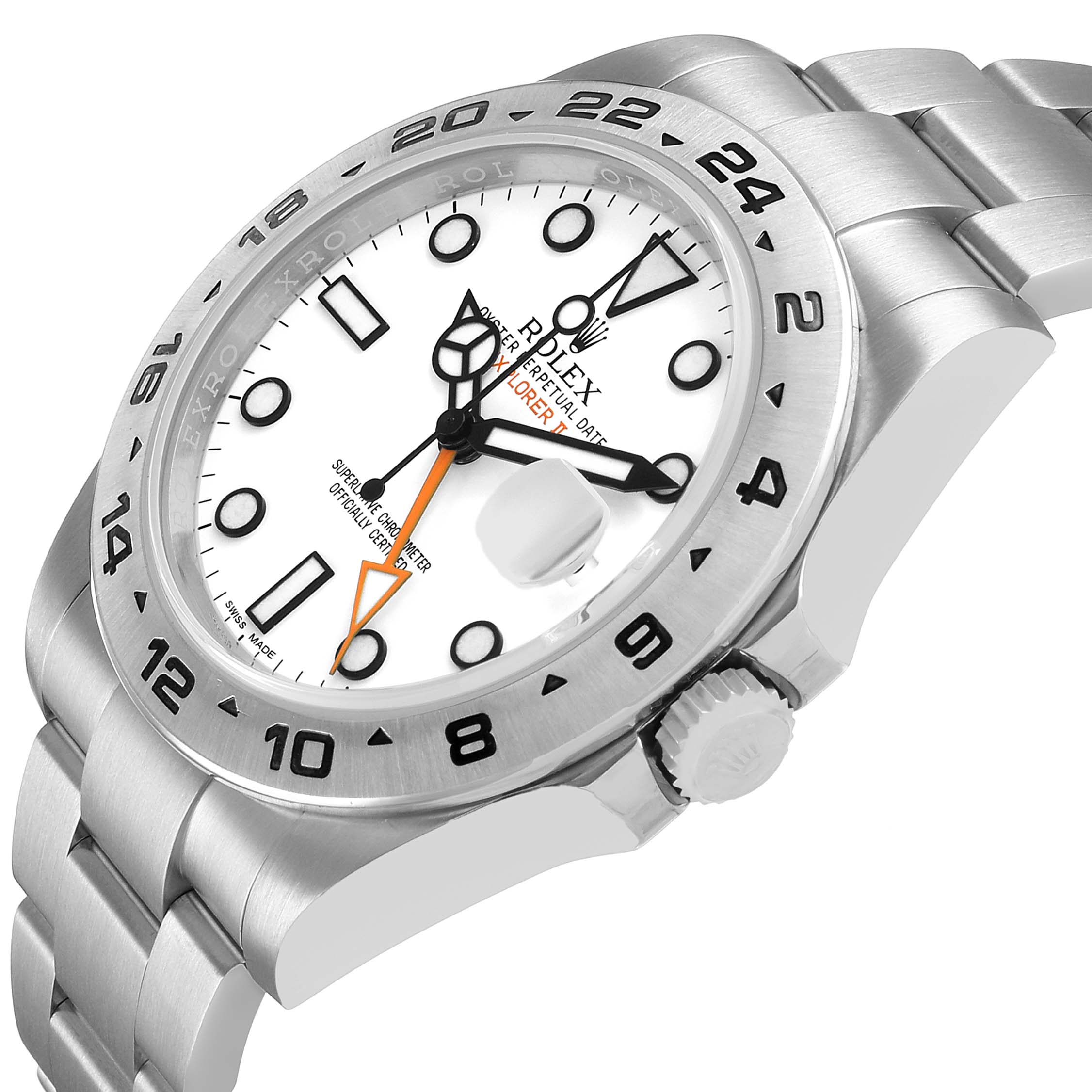 The Rolex Explorer 216570 Men's Stainless Steel White Dial watch is shown at an angled side view, displaying the dial, bezel, crown, and part of the bracelet.