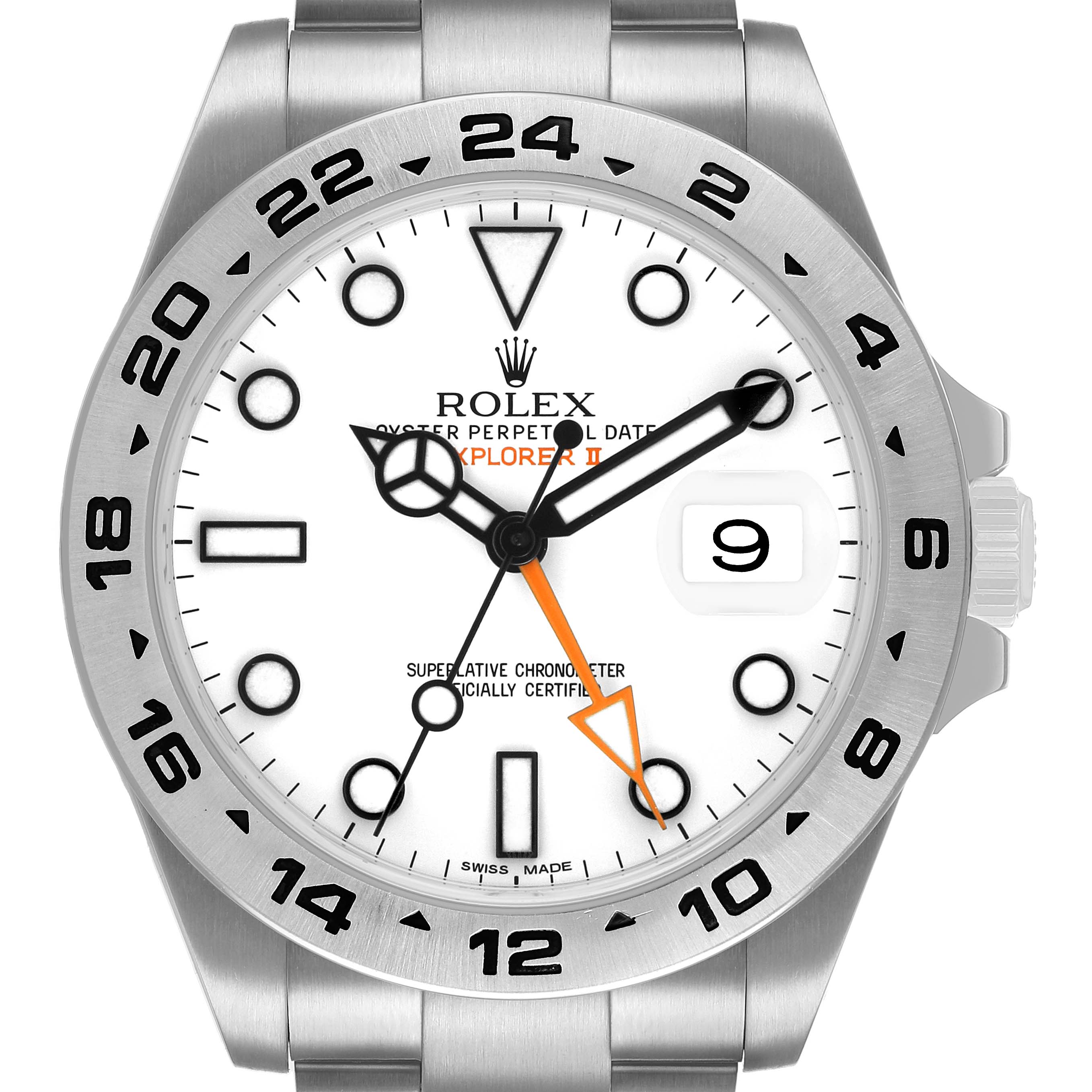 The image shows a frontal view of a Rolex Explorer 216570 Men's Stainless Steel White Dial II watch, highlighting its bezel, dial, and bracelet.